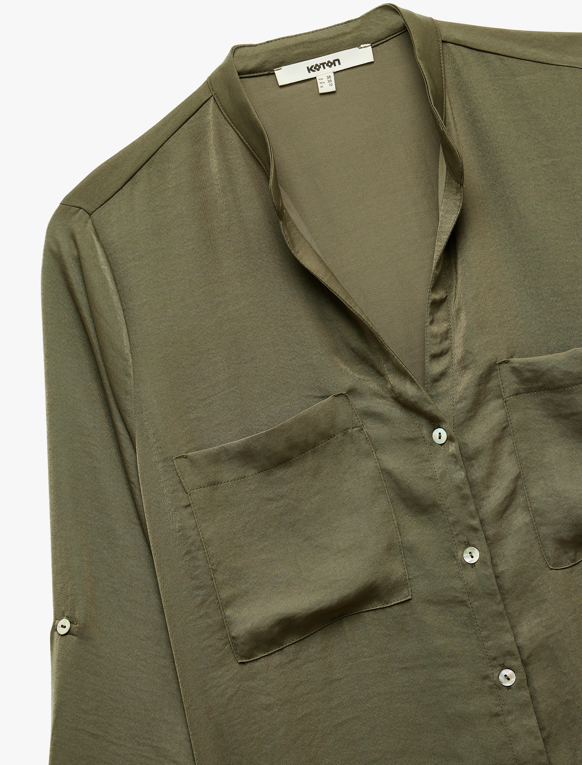   Aerobin Kumaş Cepli Katlanabilir Kol Detaylı Mandarin Yaka Saten Gömlek