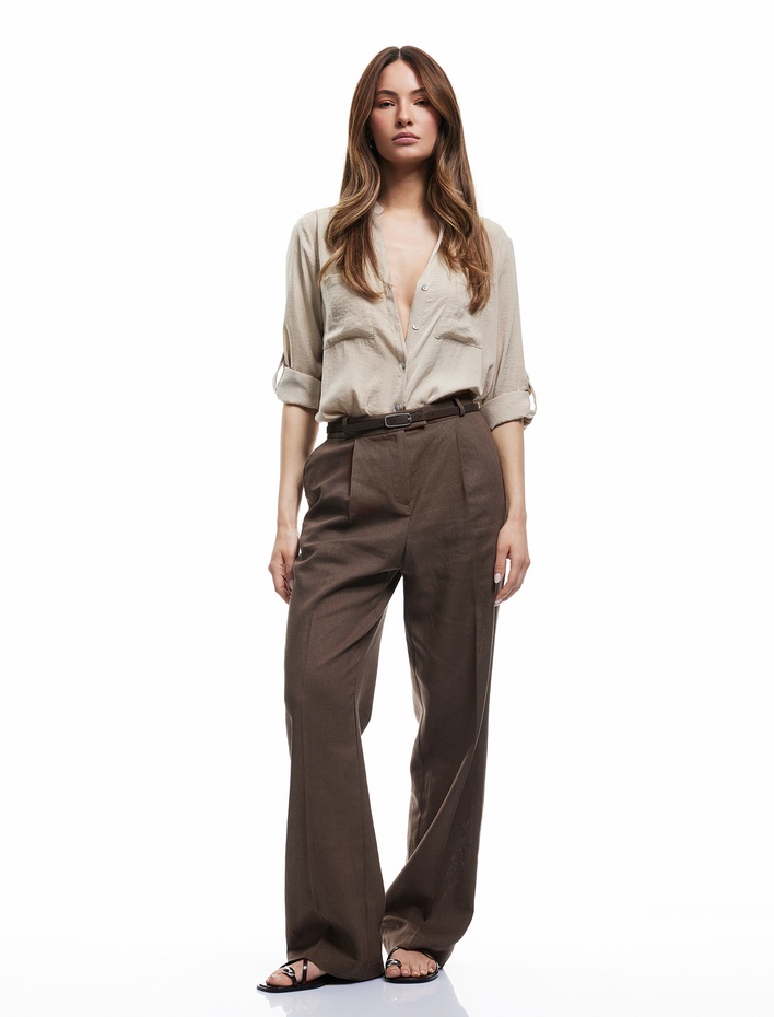  Aerobin Kumaş Cepli Katlanabilir Kol Detaylı Mandarin Yaka Saten Gömlek