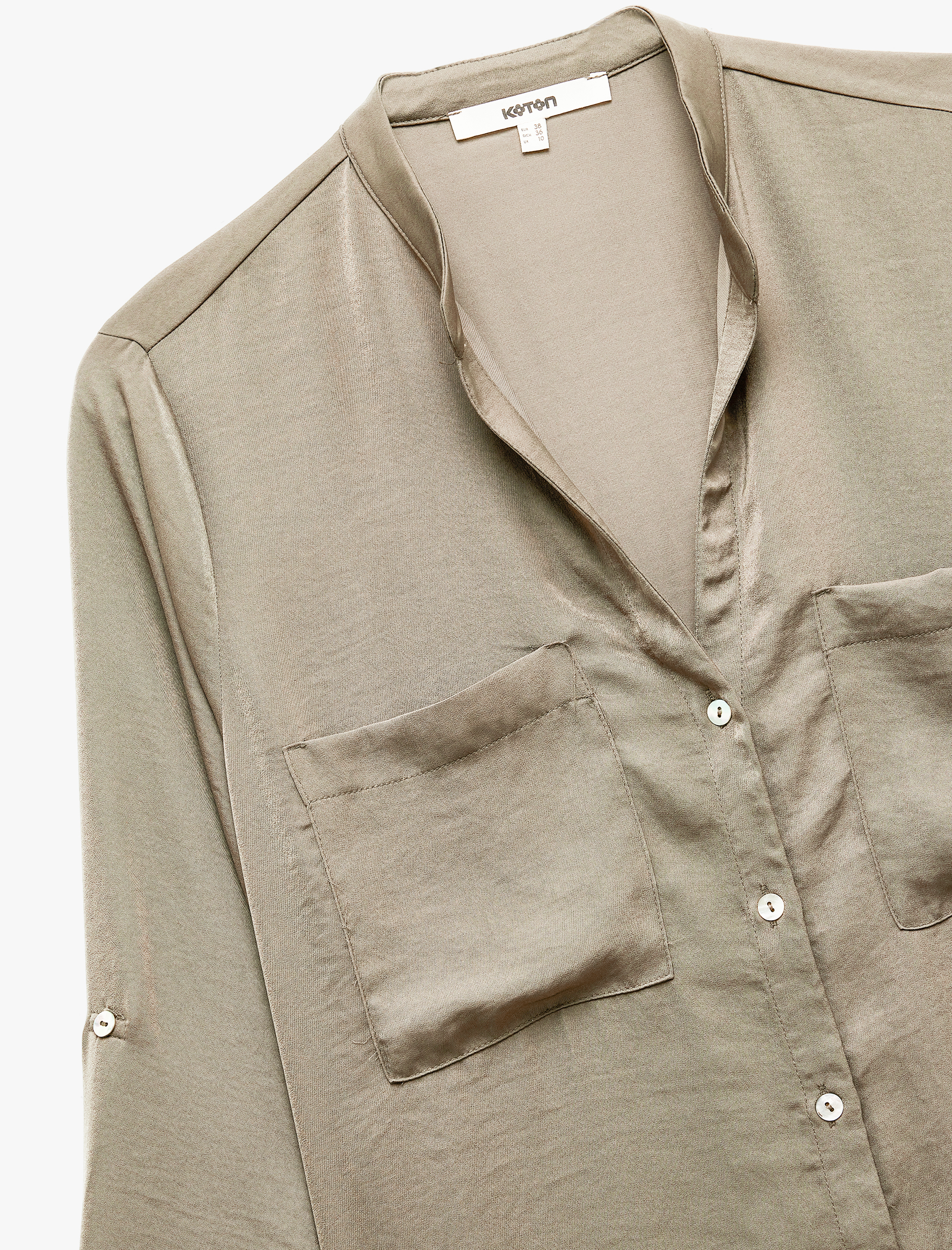   Aerobin Kumaş Cepli Katlanabilir Kol Detaylı Mandarin Yaka Saten Gömlek