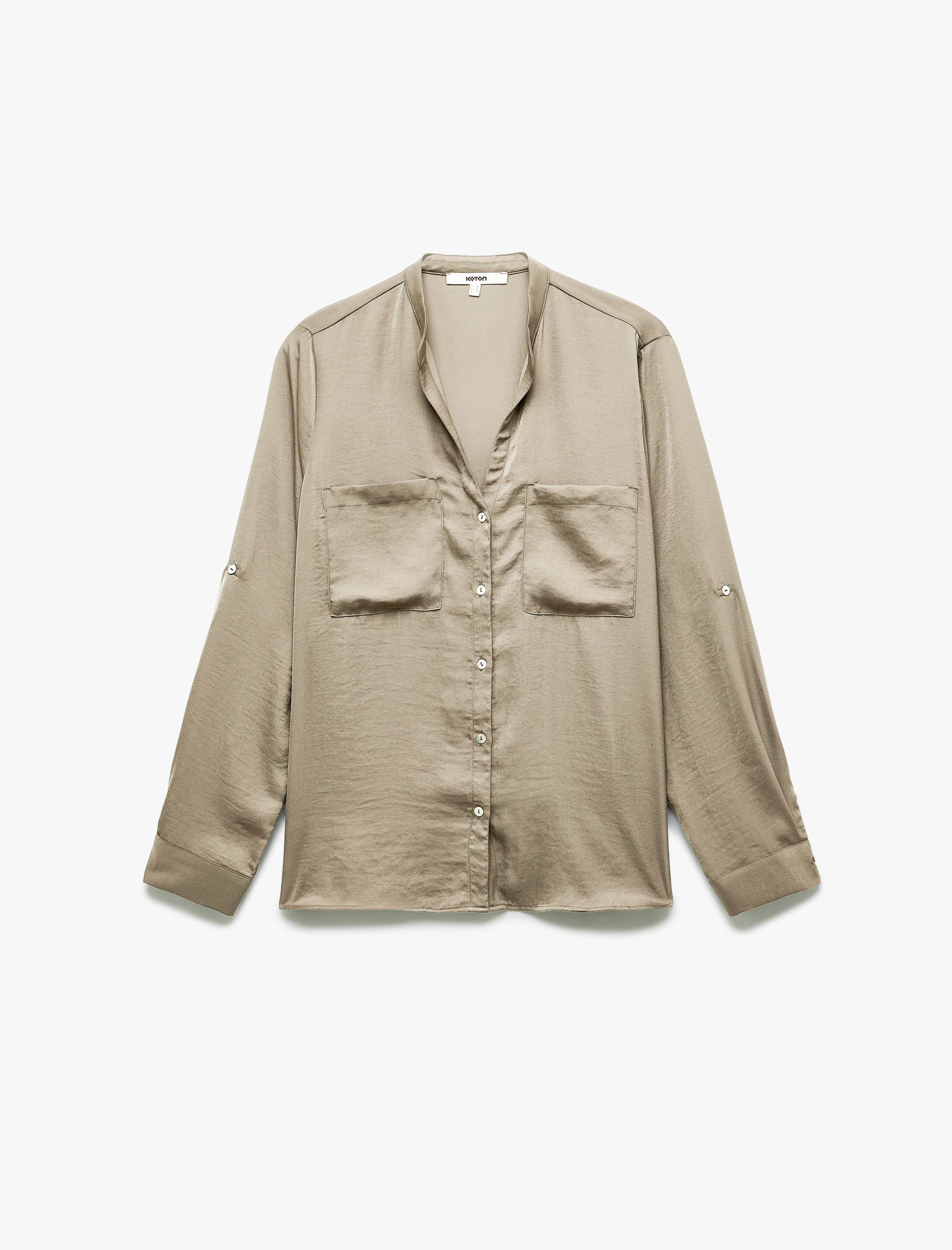   Aerobin Kumaş Cepli Katlanabilir Kol Detaylı Mandarin Yaka Saten Gömlek