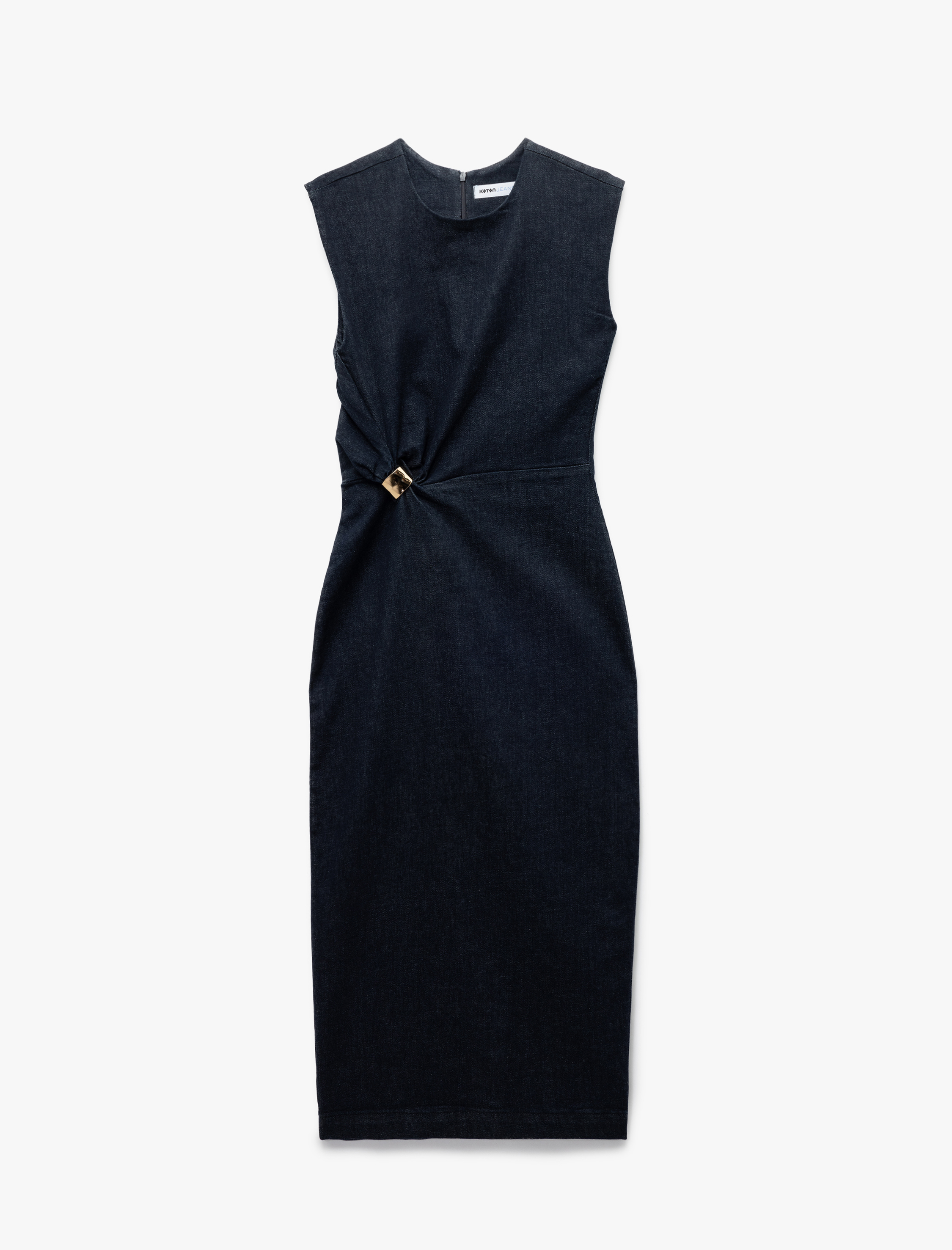   Toka Detaylı Bisiklet Yaka Pamuklu Kolsuz Uzun Denim Elbise