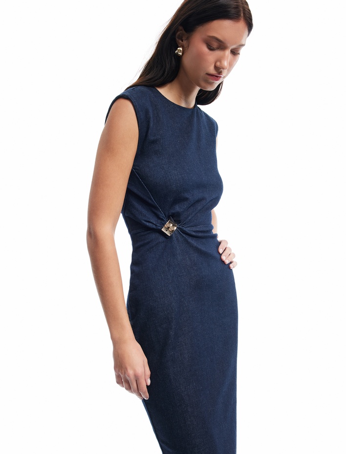  Toka Detaylı Bisiklet Yaka Pamuklu Kolsuz Uzun Denim Elbise