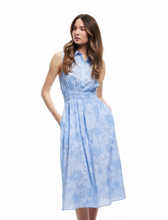  Düğmeli Gipe Detaylı Kolsuz Gömlek Yaka Midi Viskon Çiçekli Elbise