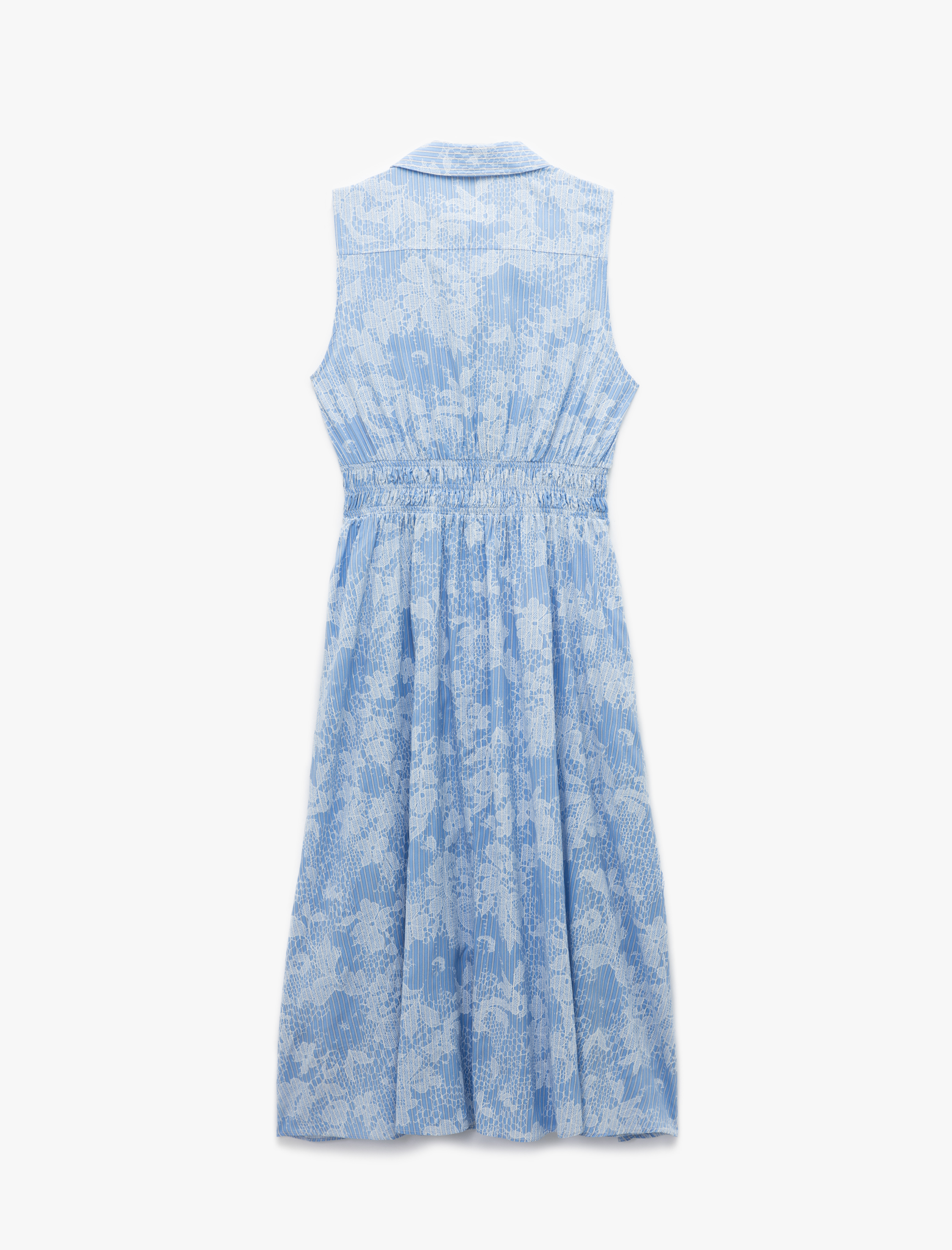   Düğmeli Gipe Detaylı Kolsuz Gömlek Yaka Midi Viskon Çiçekli Elbise