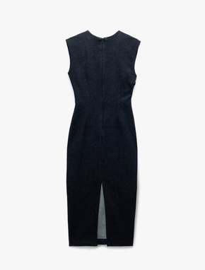 Toka Detaylı Bisiklet Yaka Pamuklu Kolsuz Uzun Denim Elbise_4