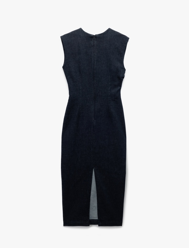 Toka Detaylı Bisiklet Yaka Pamuklu Kolsuz Uzun Denim Elbise_4