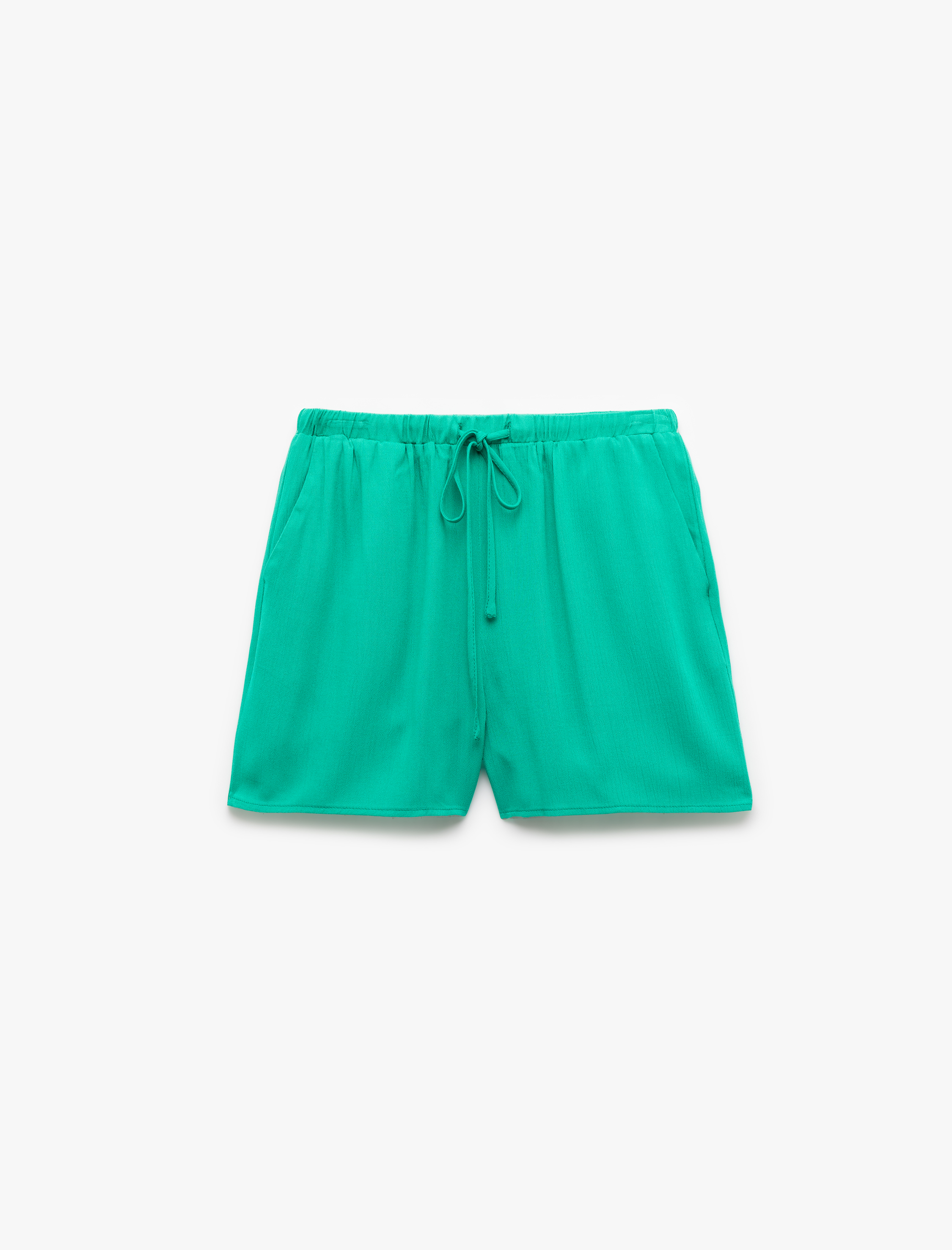   Viskon Crinkle Kumaş Astarlı Beli Lastikli Bağlamalı Cepli Mini Şort