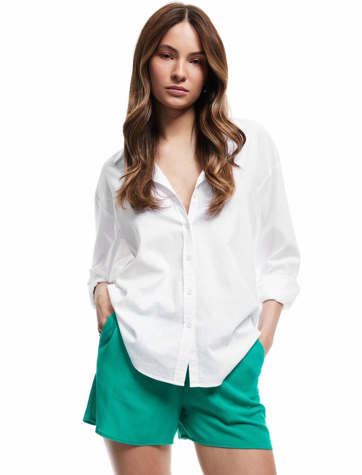  Viskon Crinkle Kumaş Astarlı Beli Lastikli Bağlamalı Cepli Mini Şort