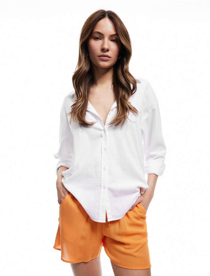  Viskon Crinkle Kumaş Astarlı Beli Lastikli Bağlamalı Cepli Mini Şort