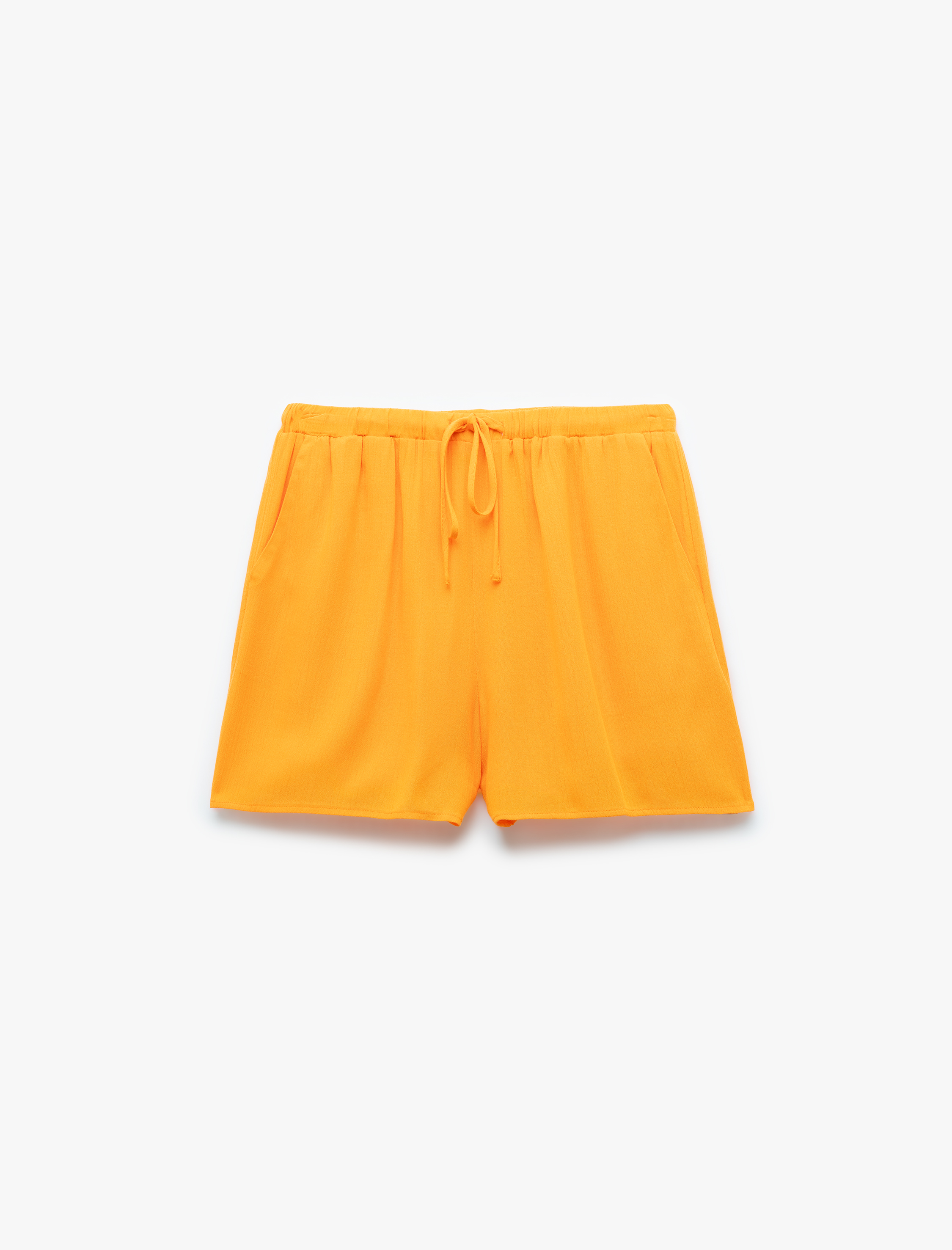   Viskon Crinkle Kumaş Astarlı Beli Lastikli Bağlamalı Cepli Mini Şort