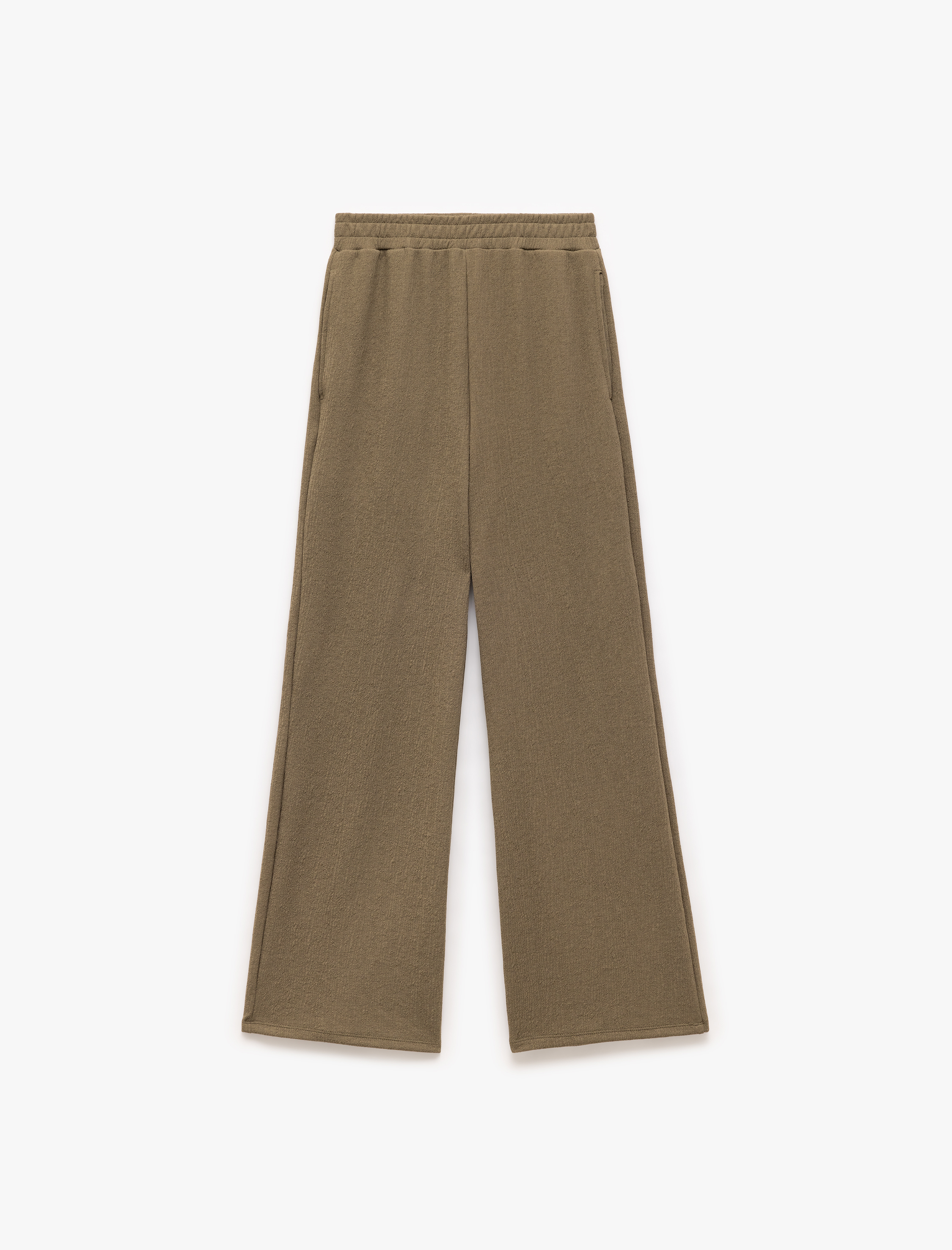   Krep Kumaş Dokulu Beli Lastikli Cepli Bol Paça Pantolon