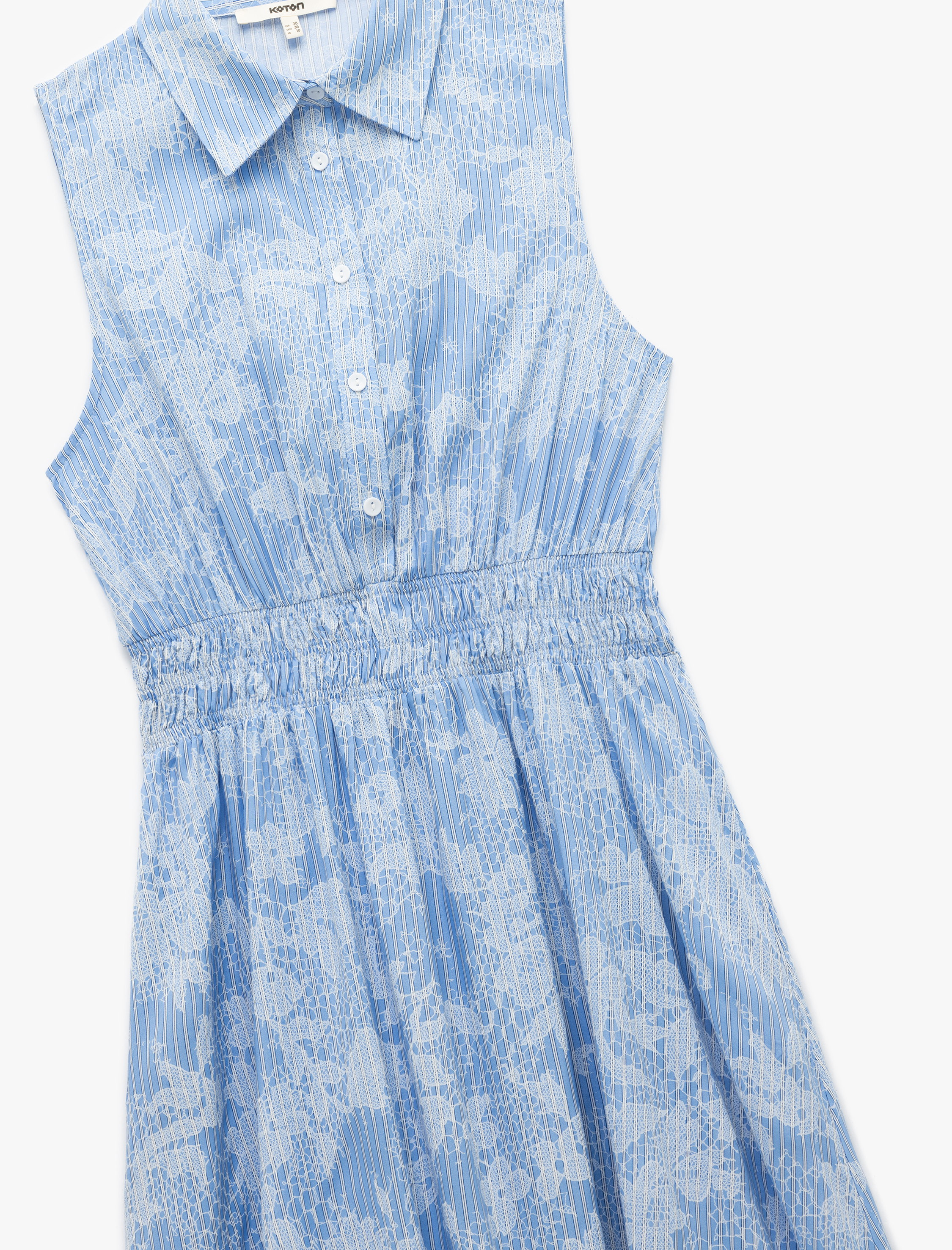   Düğmeli Gipe Detaylı Kolsuz Gömlek Yaka Midi Viskon Çiçekli Elbise