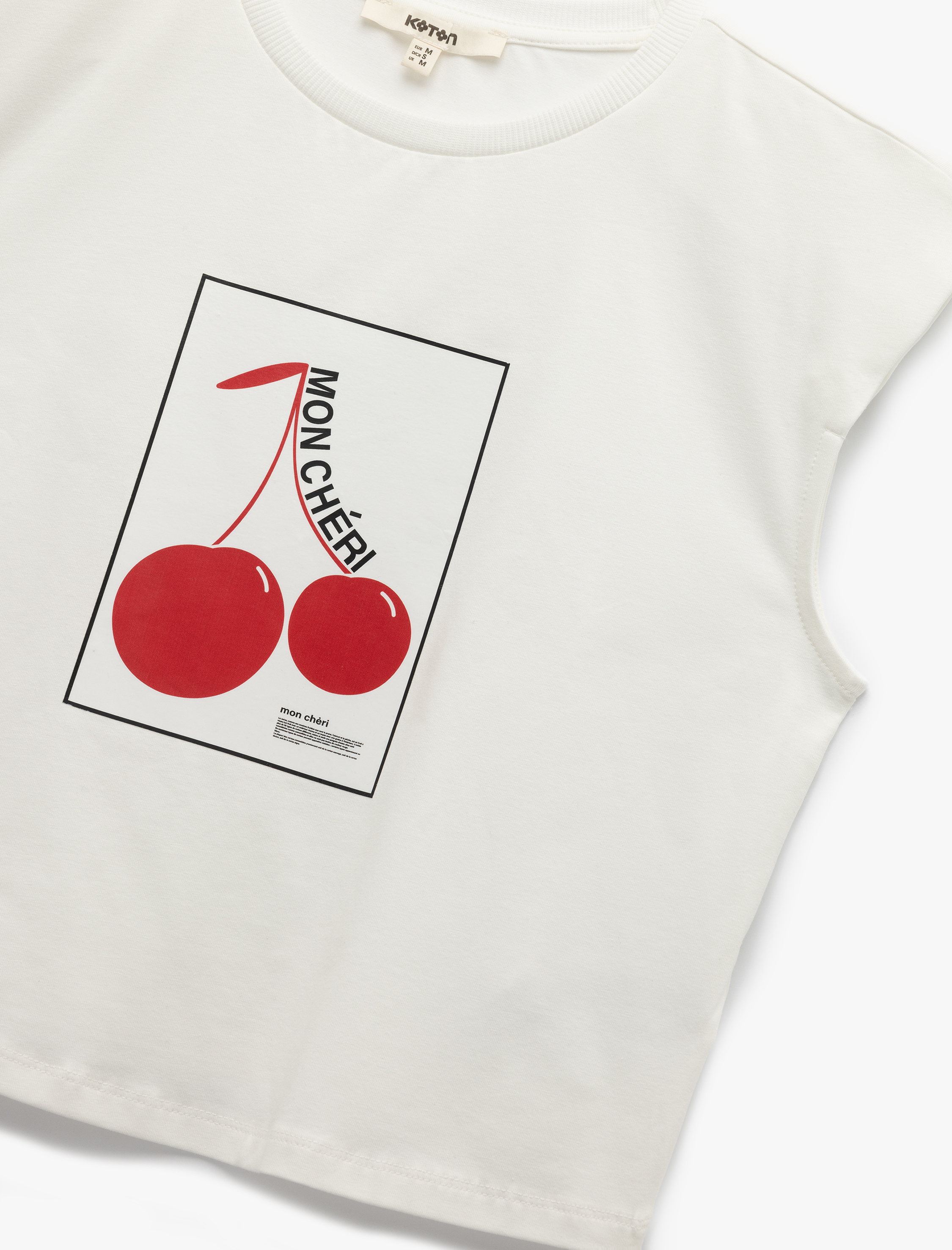   Pamuklu Kiraz Baskılı Bisiklet Yaka Kolsuz Crop Tişört