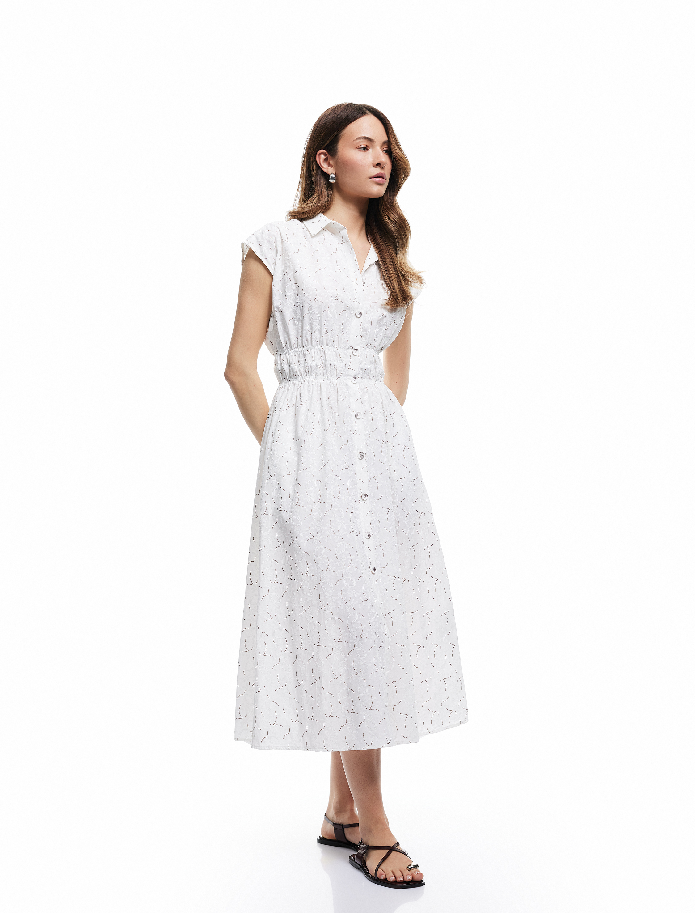   Astarlı Düğmeli Fistolu Desenli Midi Kolsuz Gömlek Elbise