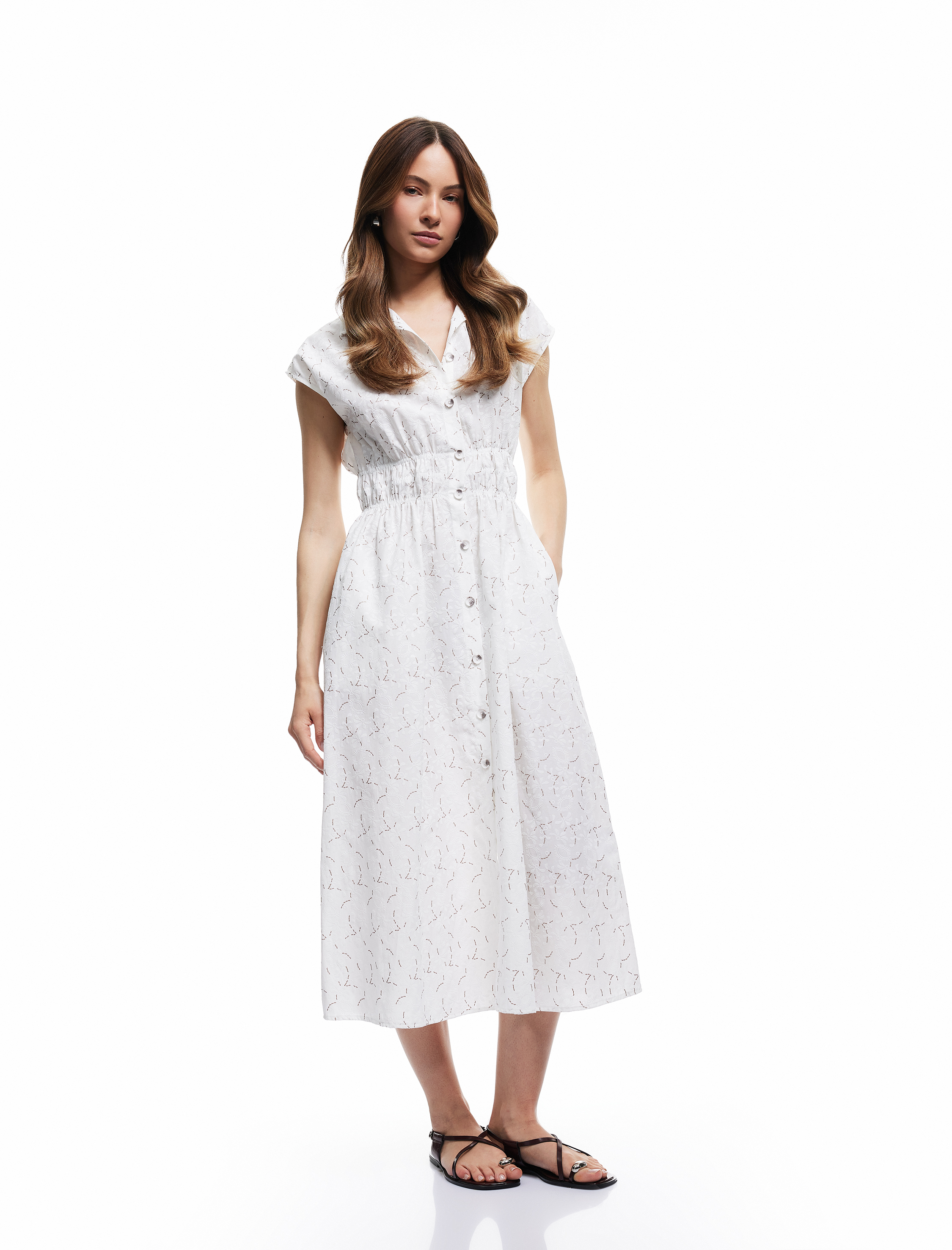   Astarlı Düğmeli Fistolu Desenli Midi Kolsuz Gömlek Elbise