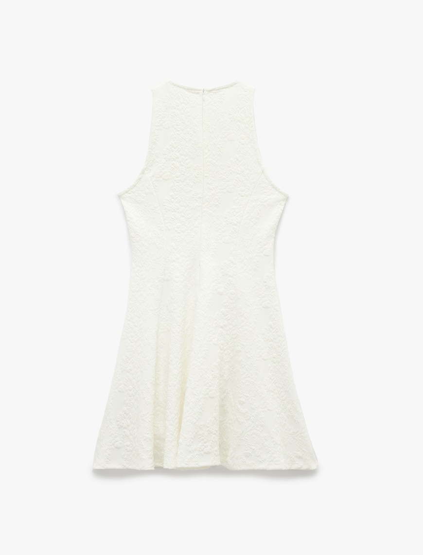   Floral Dokulu Kolsuz Bisiklet Yaka Mini Elbise