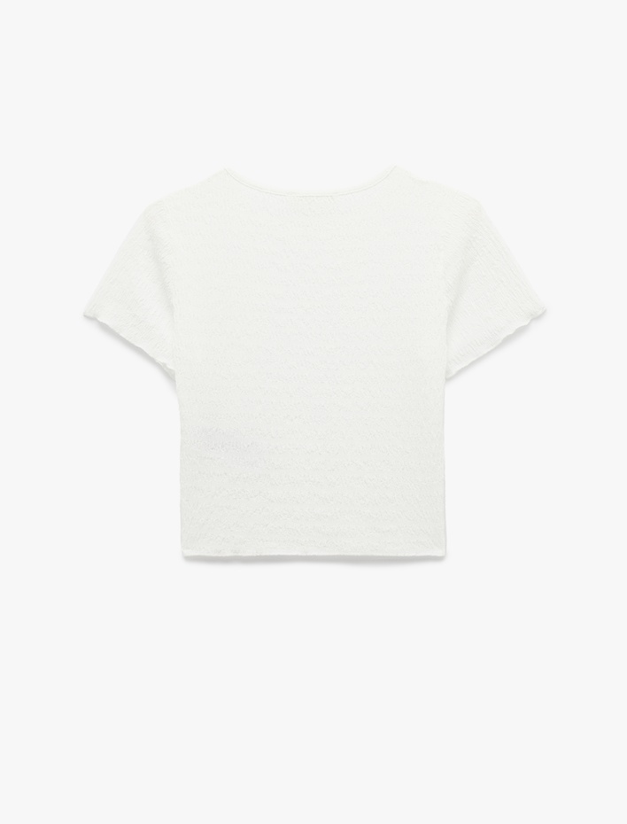  Bürümcük Kumaş Dokulu Kısa Kollu Bisiklet Yaka Crop Tişört