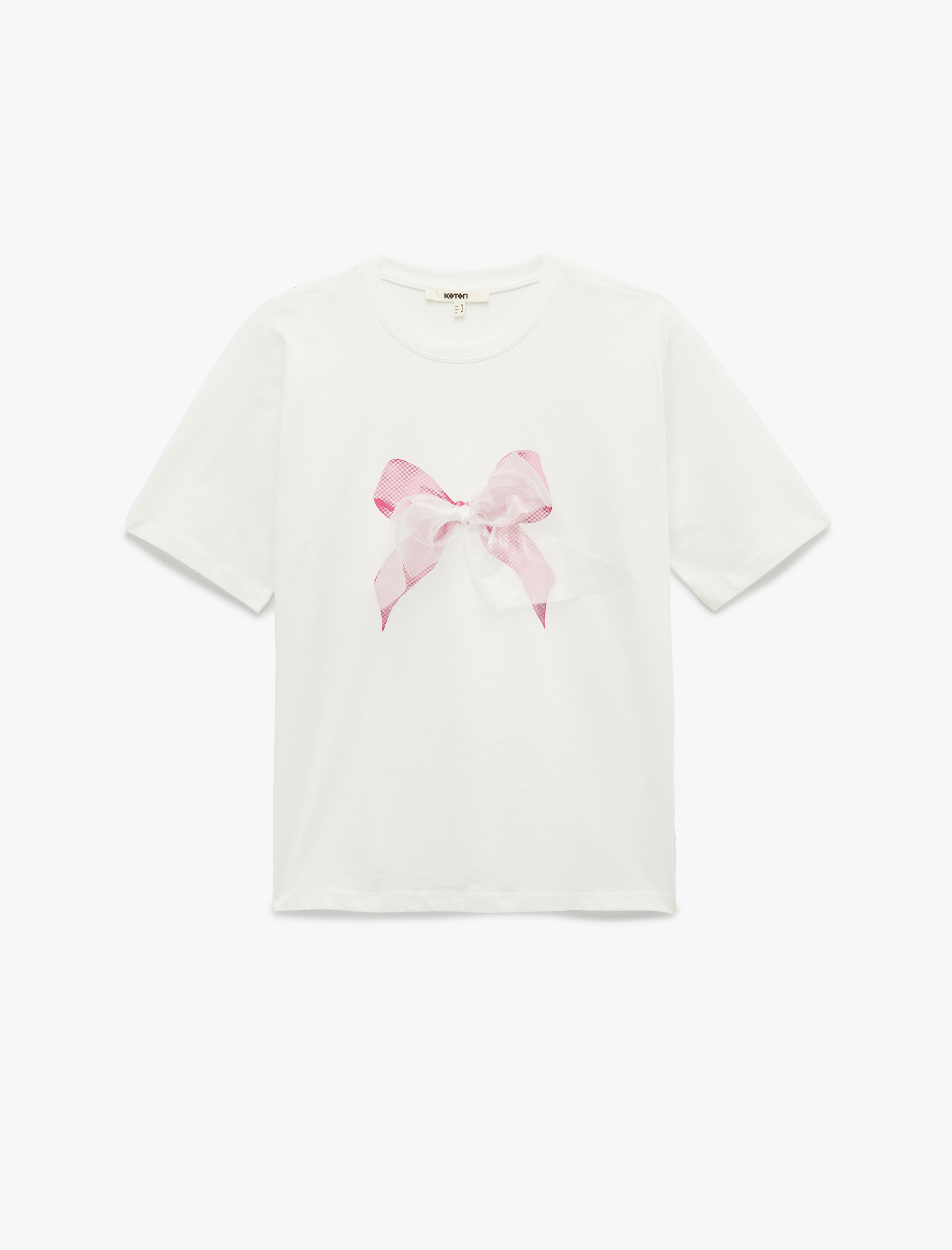   Pamuklu Aplike Detaylı Kısa Kollu Bisiklet Yaka Fiyonk Baskılı Tişört