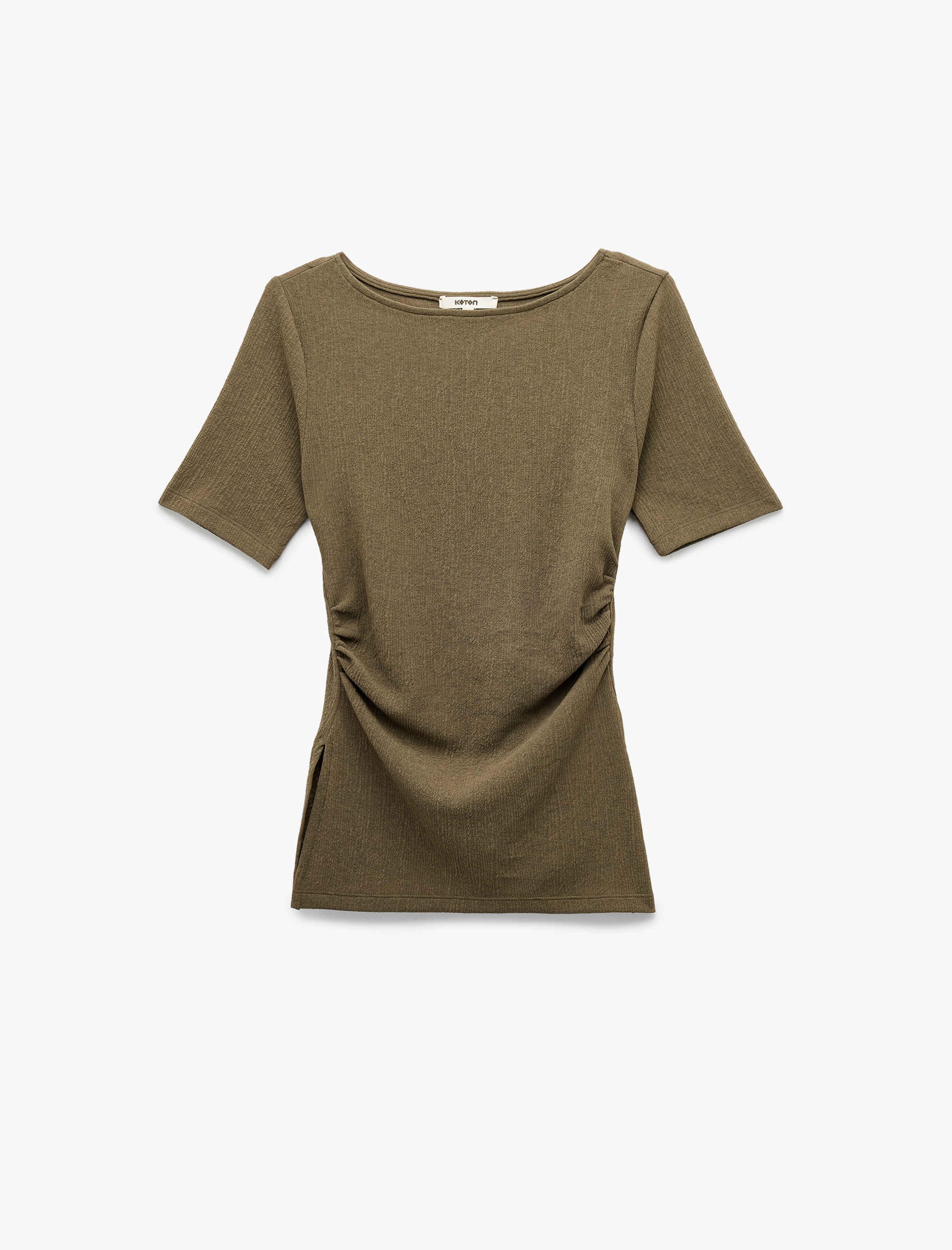   Slim Fit Drape Detaylı Yanları Yırtmaçlı Kısa Kollu Bisiklet Yaka Tişört