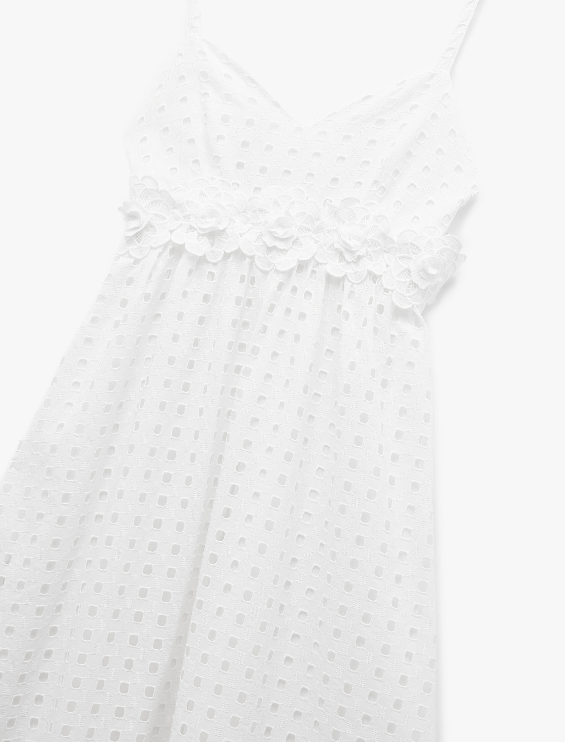   Pamuklu Astarlı Fistolu Çiçek Aplike Detaylı İnce Askılı Uzun Elbise