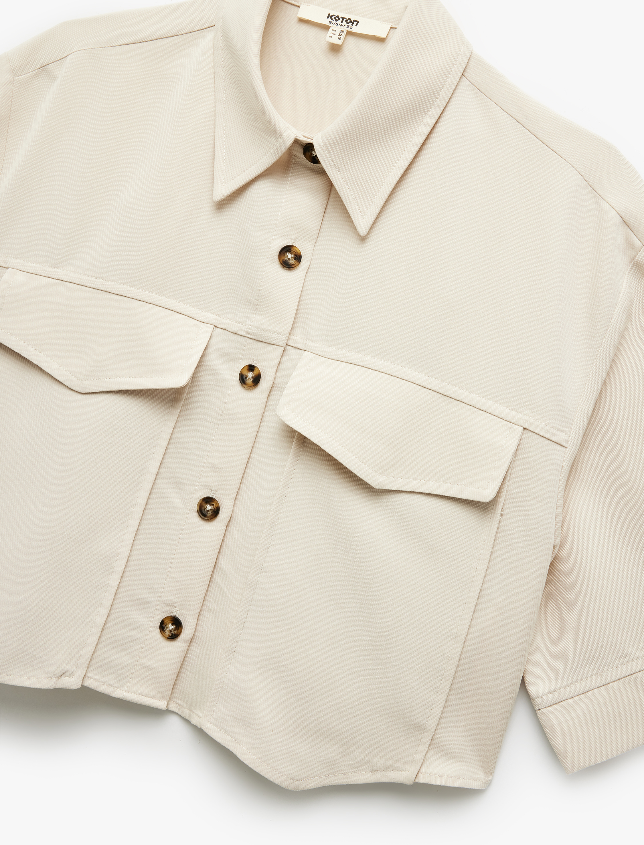   Modal Kumaş Cepli Kısa Kollu Asimetrik Kesim Crop Gömlek