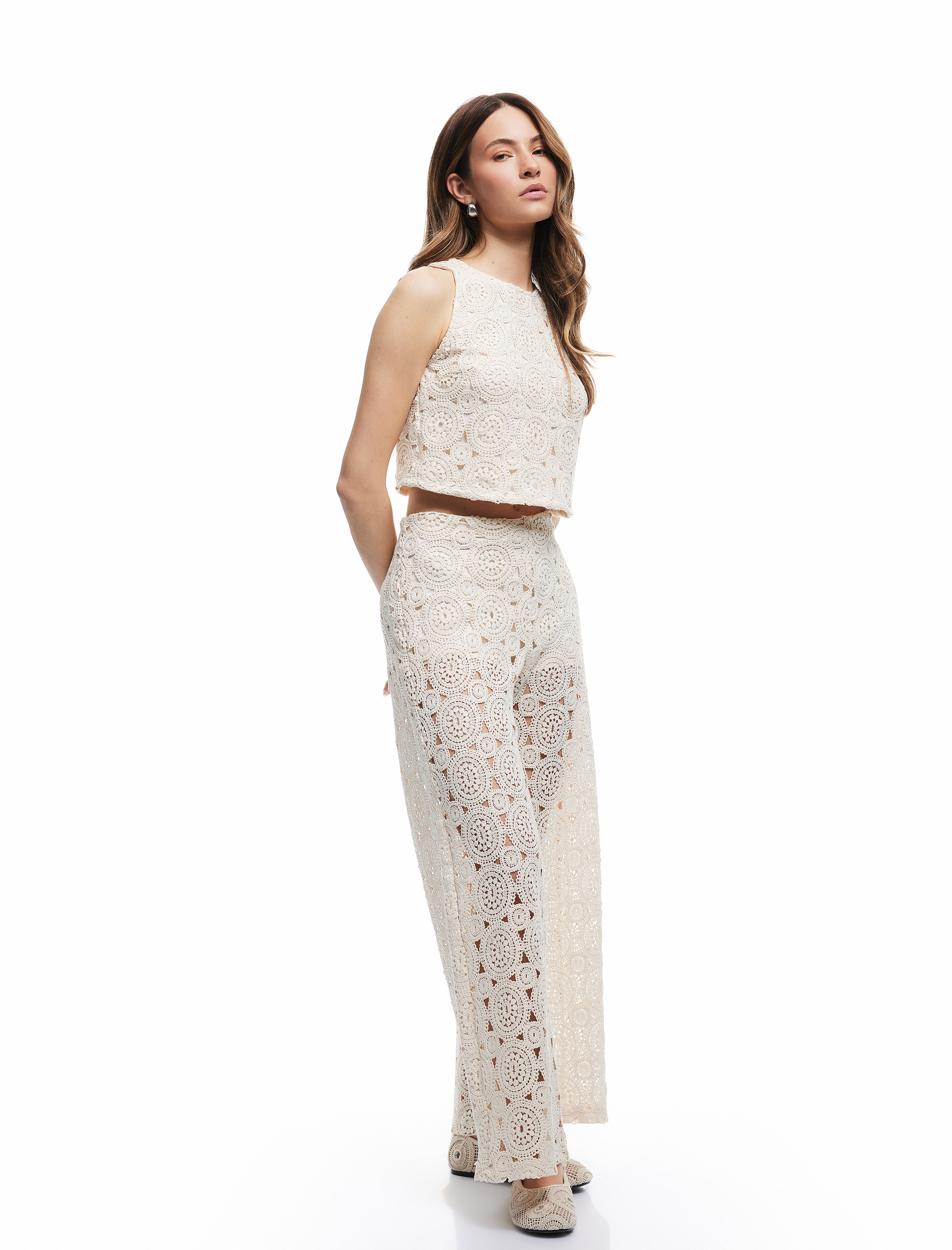   Pamuklu Yarım Astarlı Ajurlu Fermuarlı Kroşe Uzun Pantolon