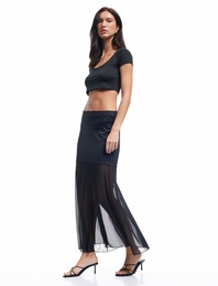 Slim Fit Standart Bel Transparan Tül Detaylı Uzun Etek