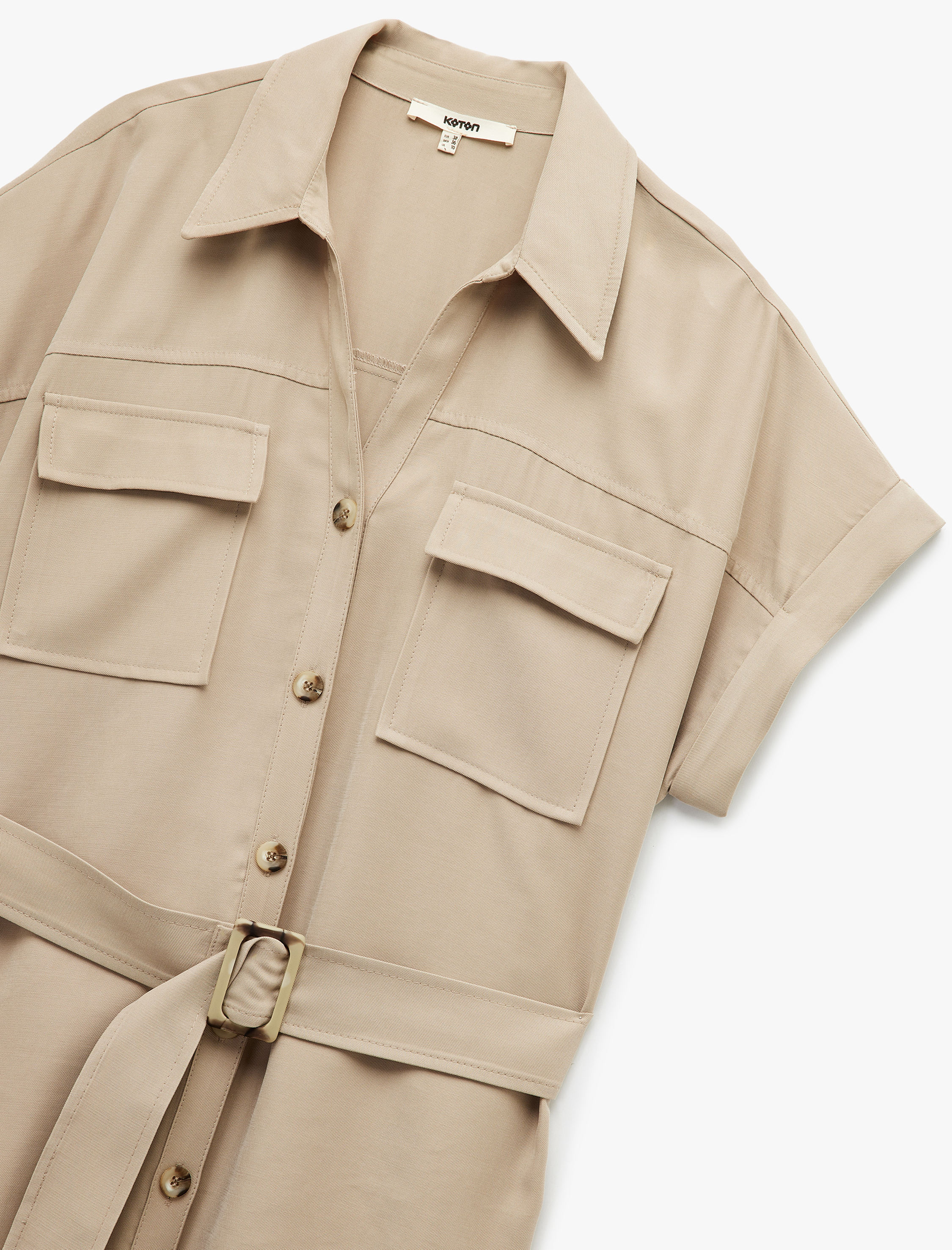   Viskon Cupro Kumaş Kısa Kollu Kemerli Cepli Diz Üstü Gömlek Elbise