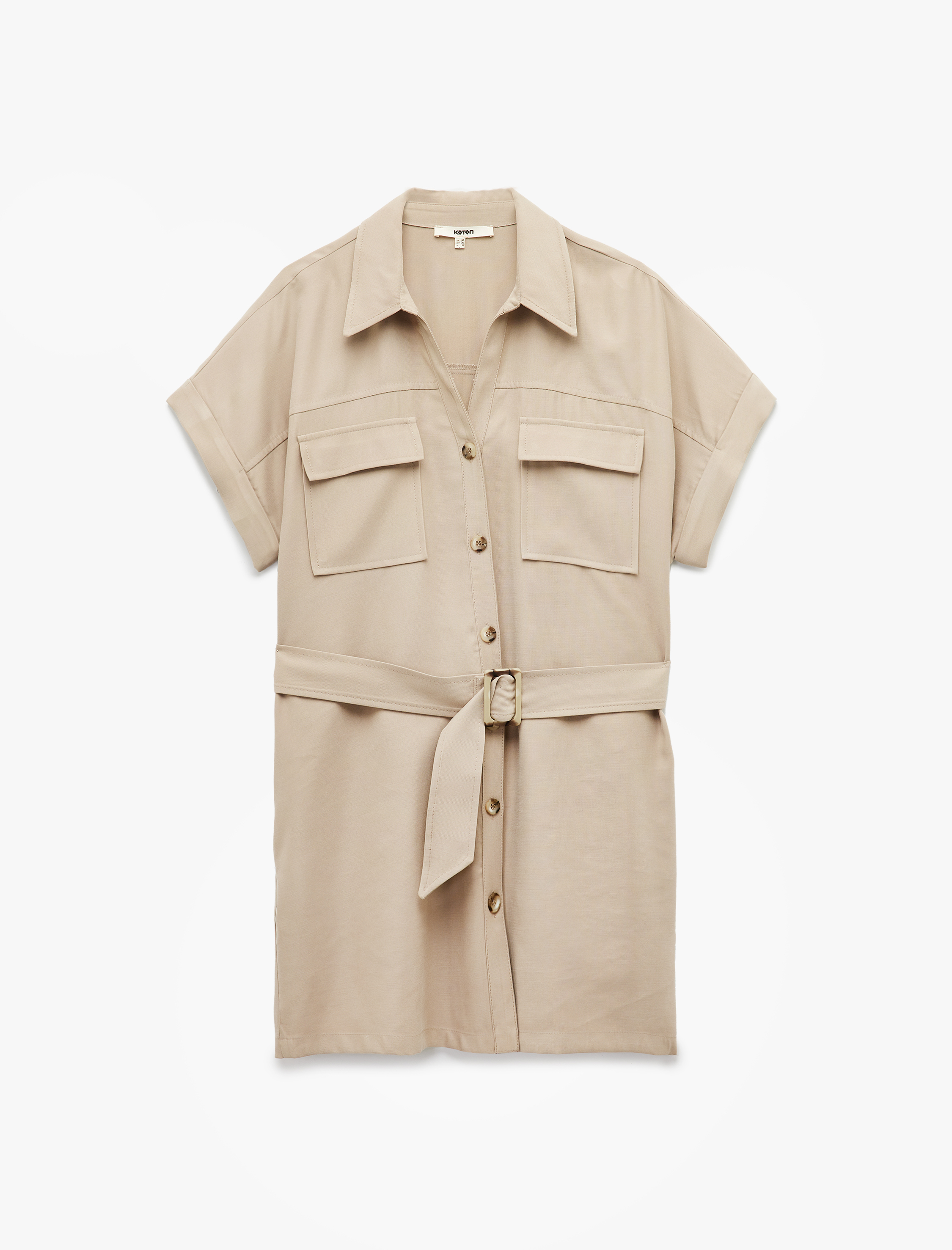   Viskon Cupro Kumaş Kısa Kollu Kemerli Cepli Diz Üstü Gömlek Elbise