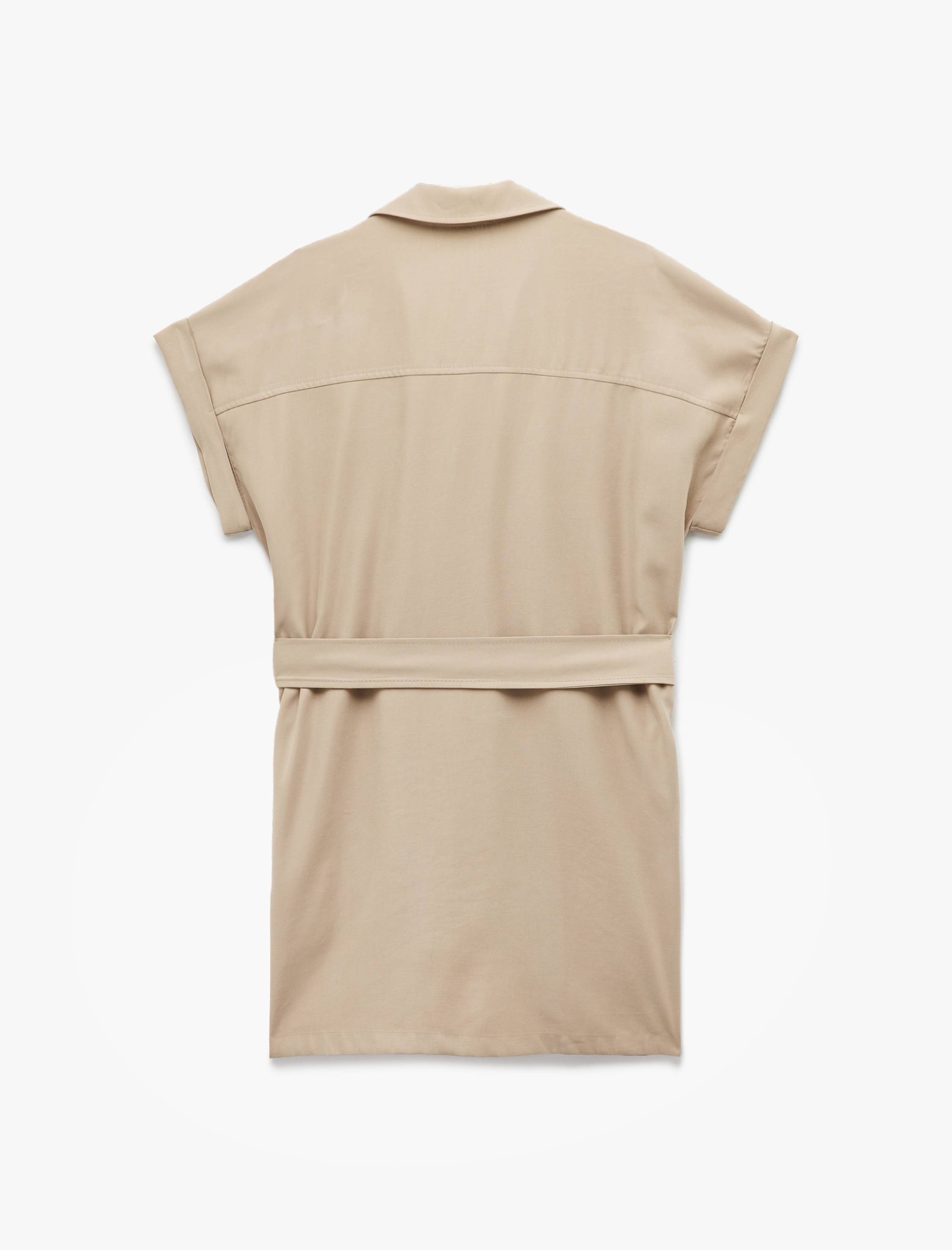   Viskon Cupro Kumaş Kısa Kollu Kemerli Cepli Diz Üstü Gömlek Elbise