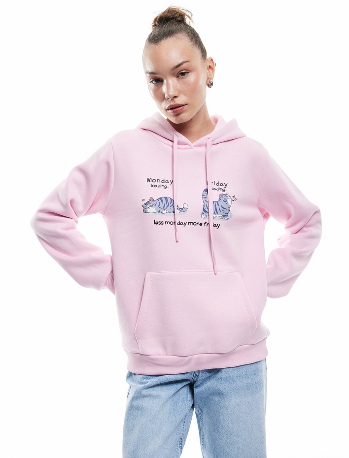  Pamuklu Uzun Kollu Kanguru Cep Detaylı Şardonlu Kapşonlu Baskılı Sweatshirt