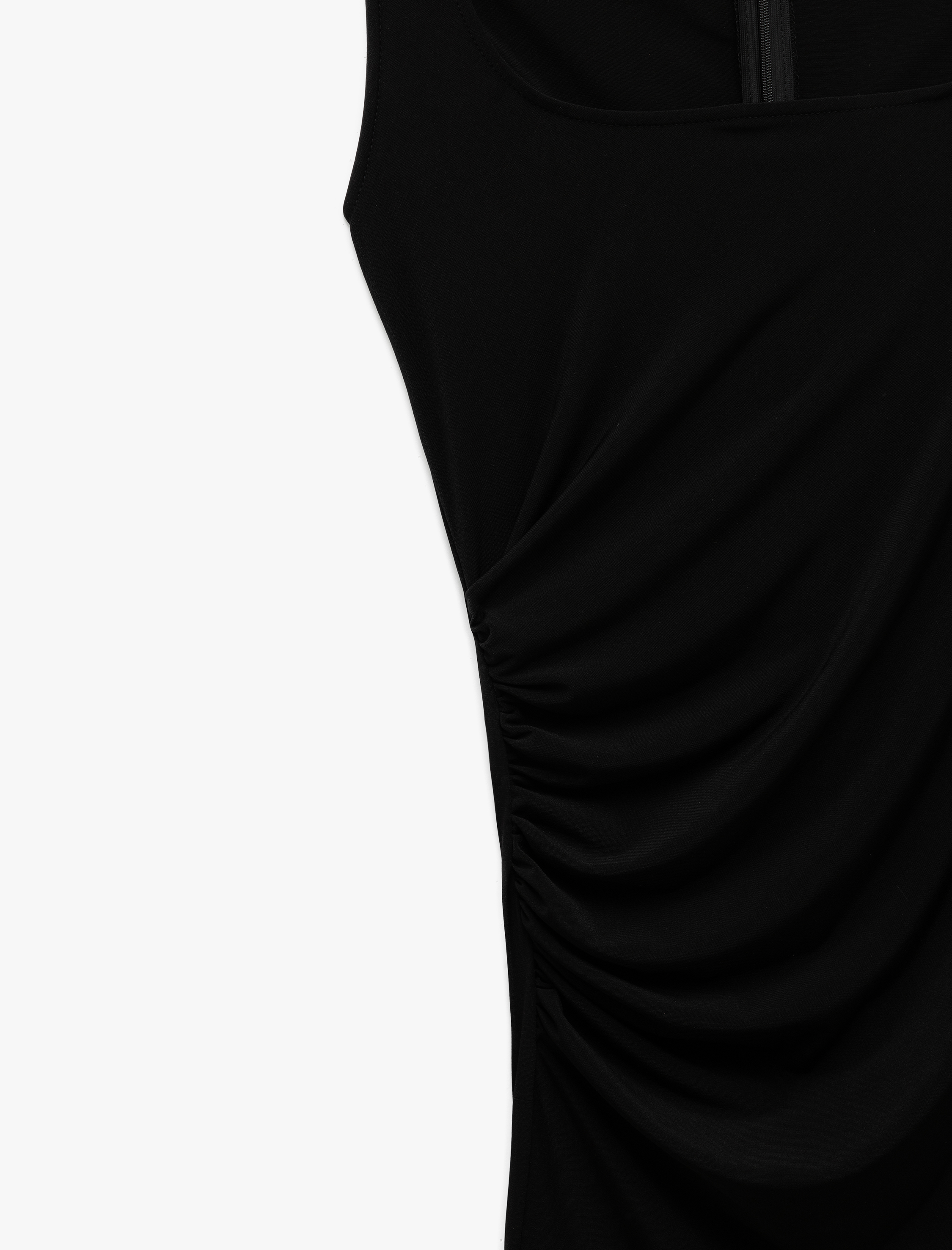   Sandy Kumaş Drape Detaylı Kolsuz Kare Yaka Midi Kalem Elbise