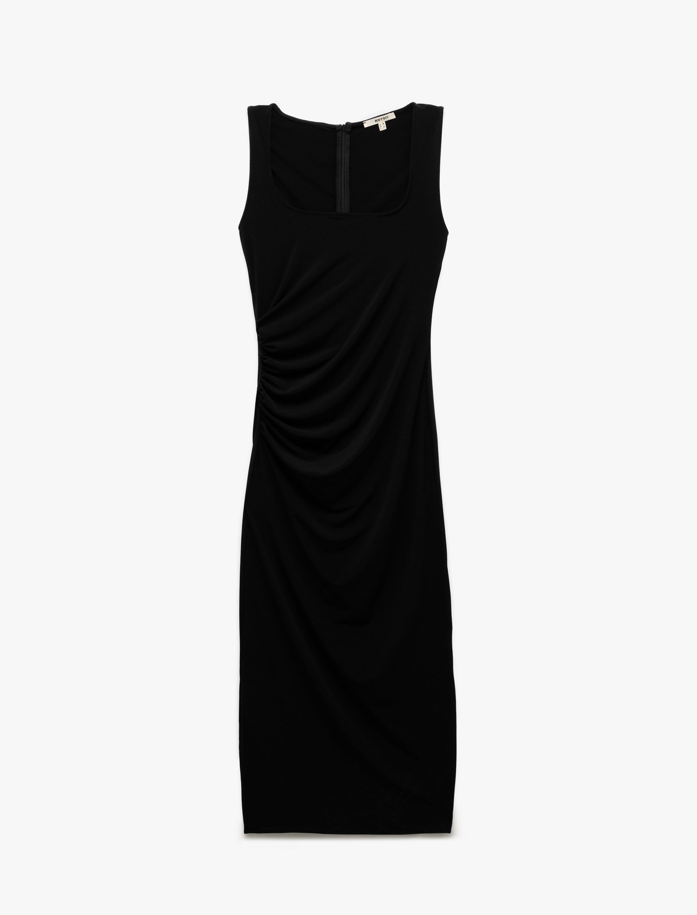   Sandy Kumaş Drape Detaylı Kolsuz Kare Yaka Midi Kalem Elbise