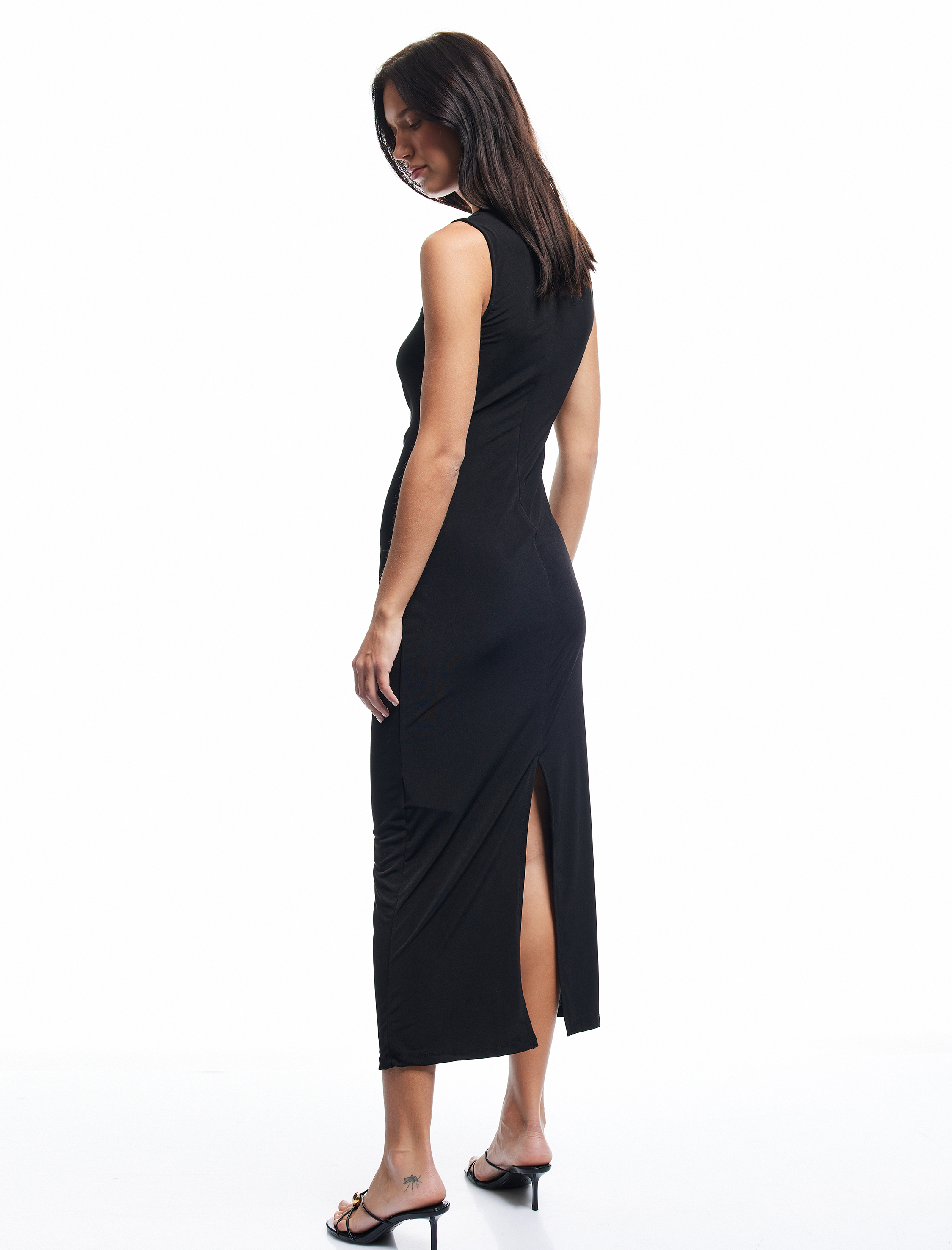   Sandy Kumaş Drape Detaylı Kolsuz Kare Yaka Midi Kalem Elbise