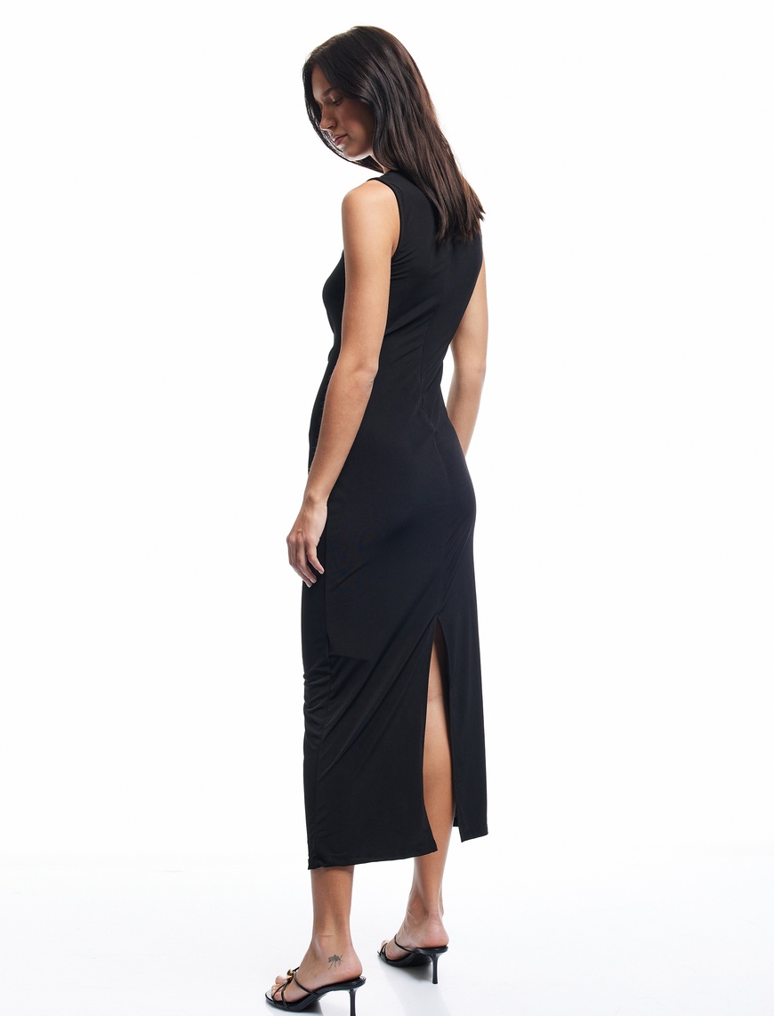   Sandy Kumaş Drape Detaylı Kolsuz Kare Yaka Midi Kalem Elbise