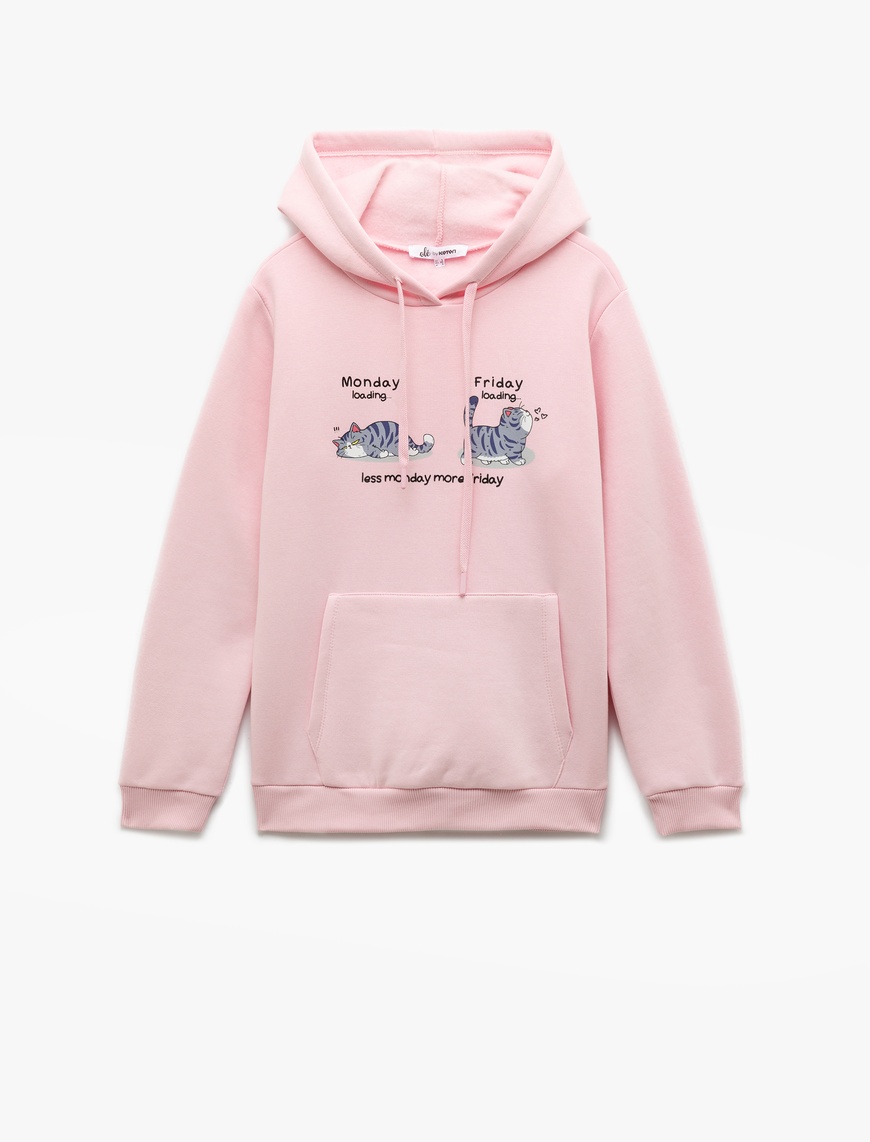   Pamuklu Uzun Kollu Kanguru Cep Detaylı Şardonlu Kapşonlu Baskılı Sweatshirt