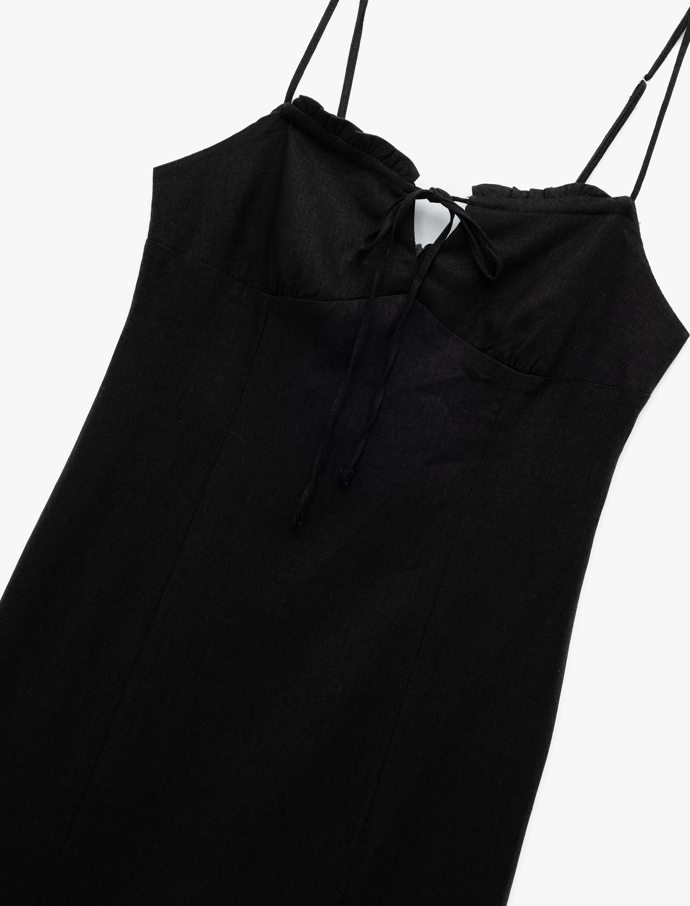   Fırfırlı Yırtmaç Detaylı Volümlü Slim Fit Keten Viskon Karışımlı Askılı Midi Elbise