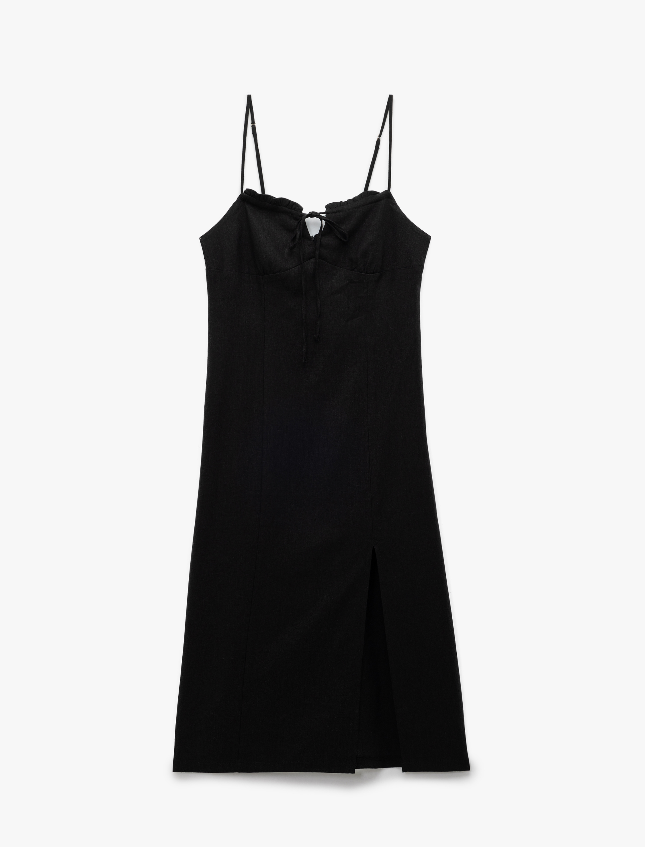   Fırfırlı Yırtmaç Detaylı Volümlü Slim Fit Keten Viskon Karışımlı Askılı Midi Elbise