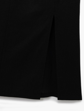 Fırfırlı Yırtmaç Detaylı Volümlü Slim Fit Keten Viskon Karışımlı Askılı Midi Elbise_5