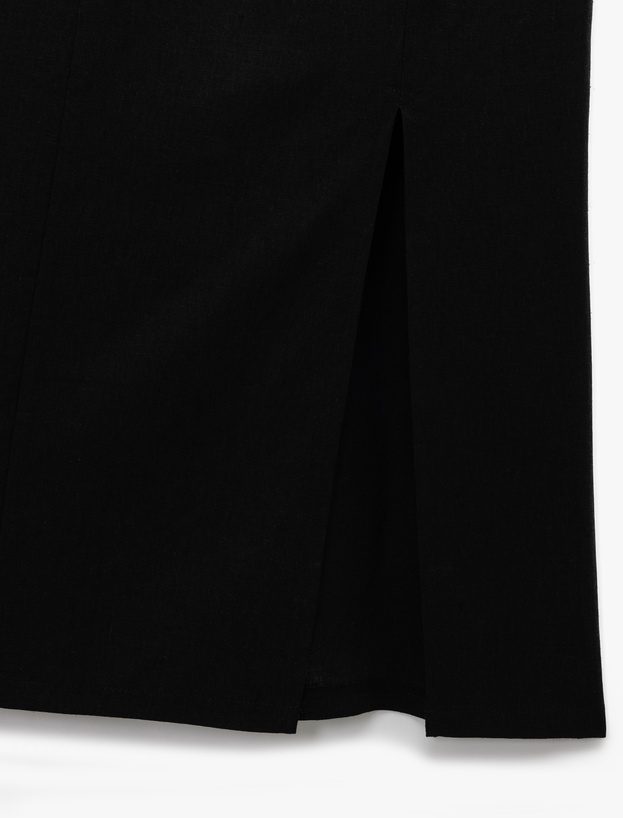 Fırfırlı Yırtmaç Detaylı Volümlü Slim Fit Keten Viskon Karışımlı Askılı Midi Elbise_5