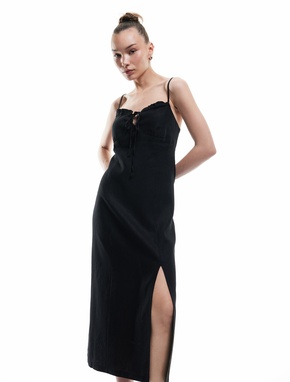 Fırfırlı Yırtmaç Detaylı Volümlü Slim Fit Keten Viskon Karışımlı Askılı Midi Elbise