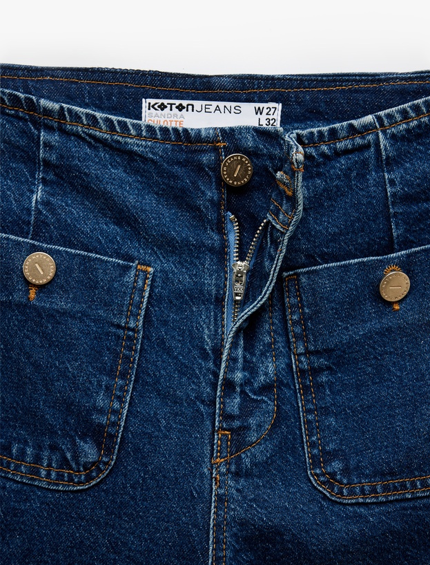 Yüksek Bel Rahat Kalıp Cepli Kısa Denim Pantolon  -  Culotte Jeans_5