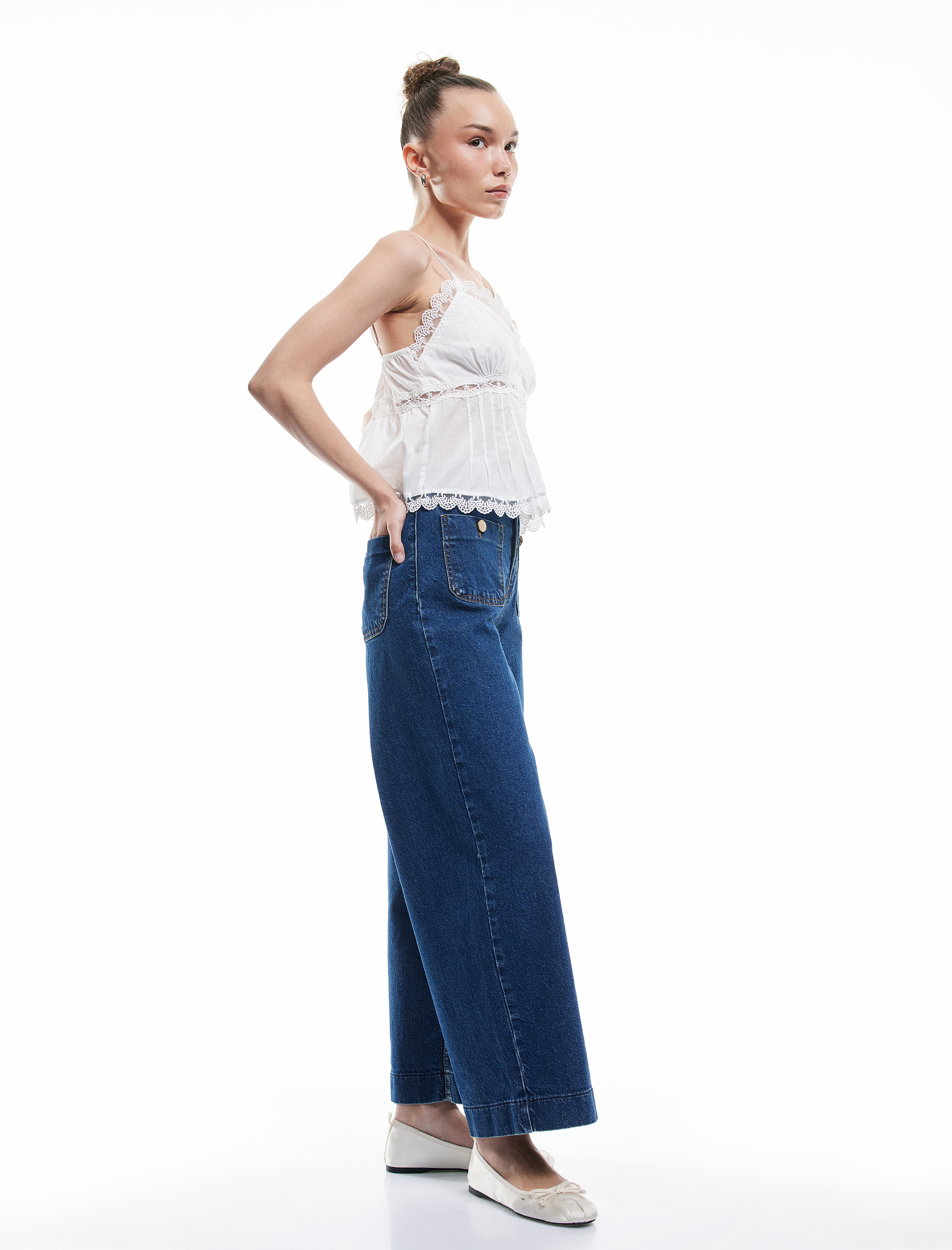   Yüksek Bel Rahat Kalıp Cepli Kısa Denim Pantolon  -  Culotte Jeans