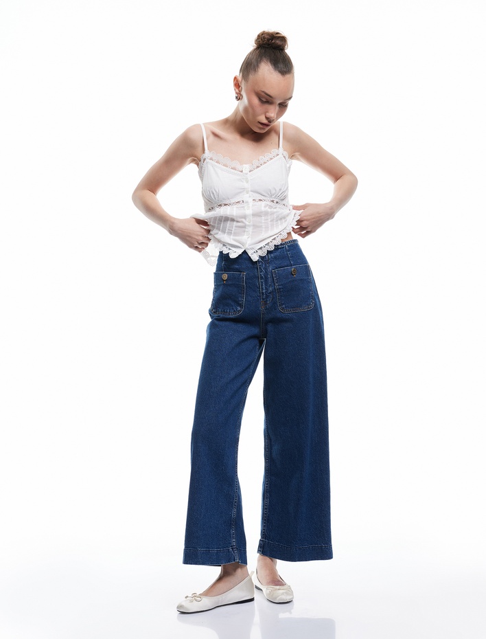  Yüksek Bel Rahat Kalıp Cepli Kısa Denim Pantolon  -  Culotte Jeans