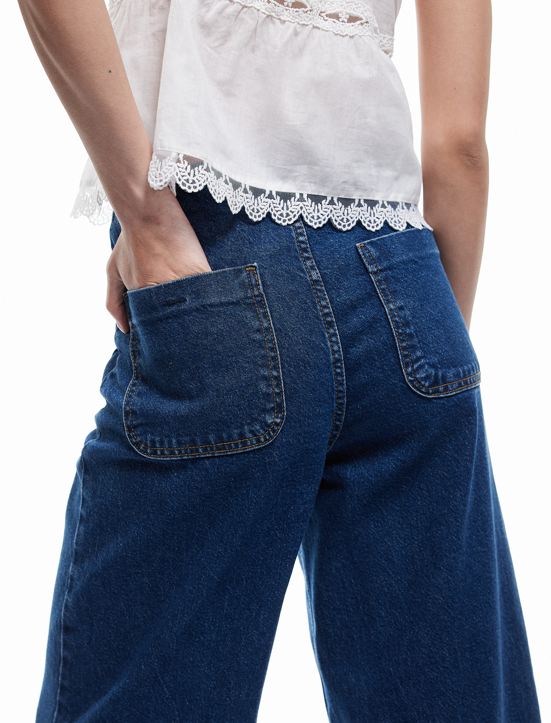   Yüksek Bel Rahat Kalıp Cepli Kısa Denim Pantolon  -  Culotte Jeans