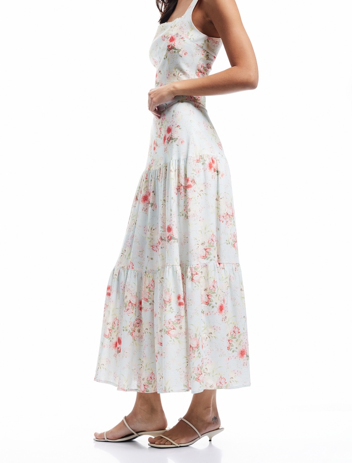  Bol Kalıp Astarlı Keten Karışımlı Uzun Çiçekli Kloş Etek