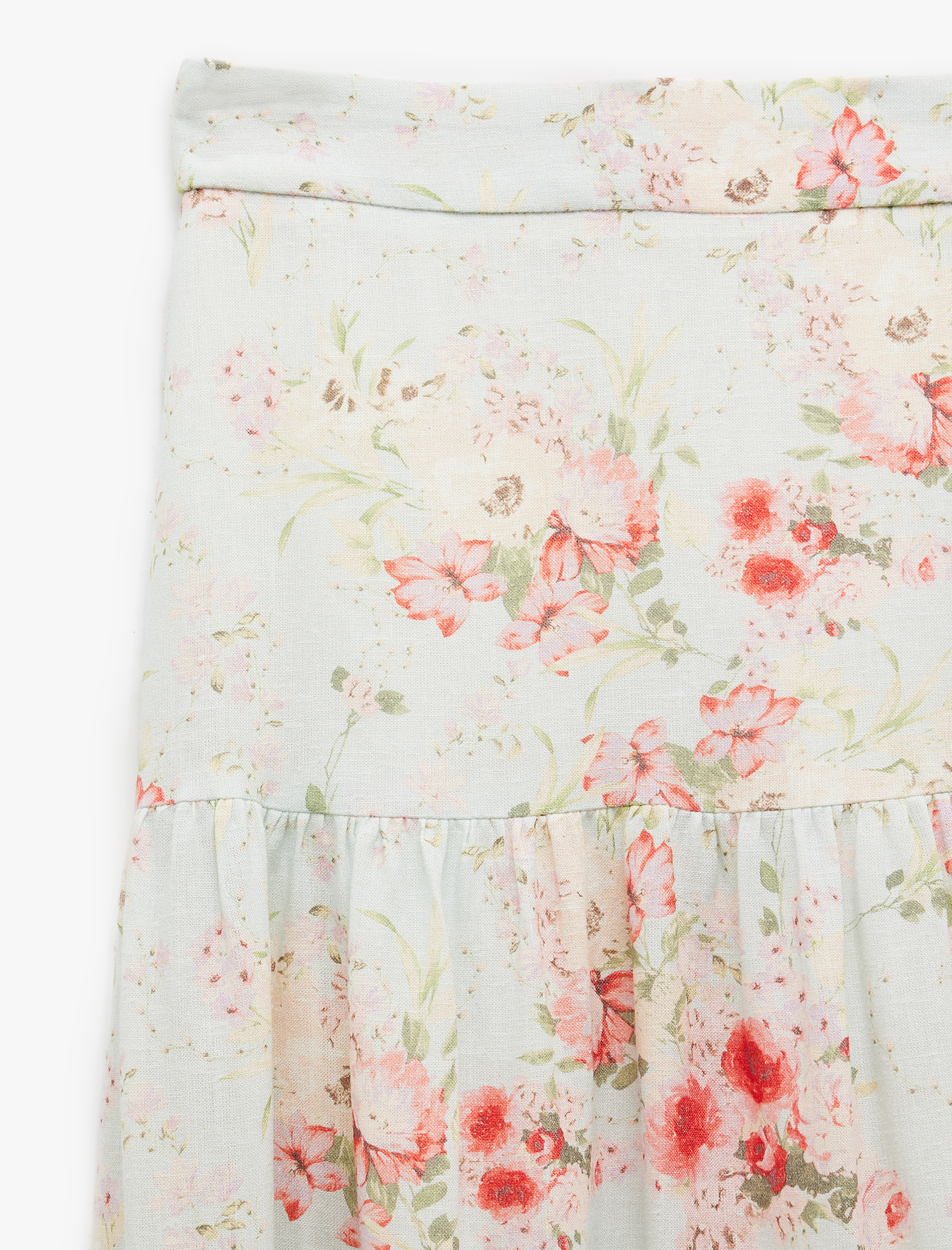   Bol Kalıp Astarlı Keten Karışımlı Uzun Çiçekli Kloş Etek