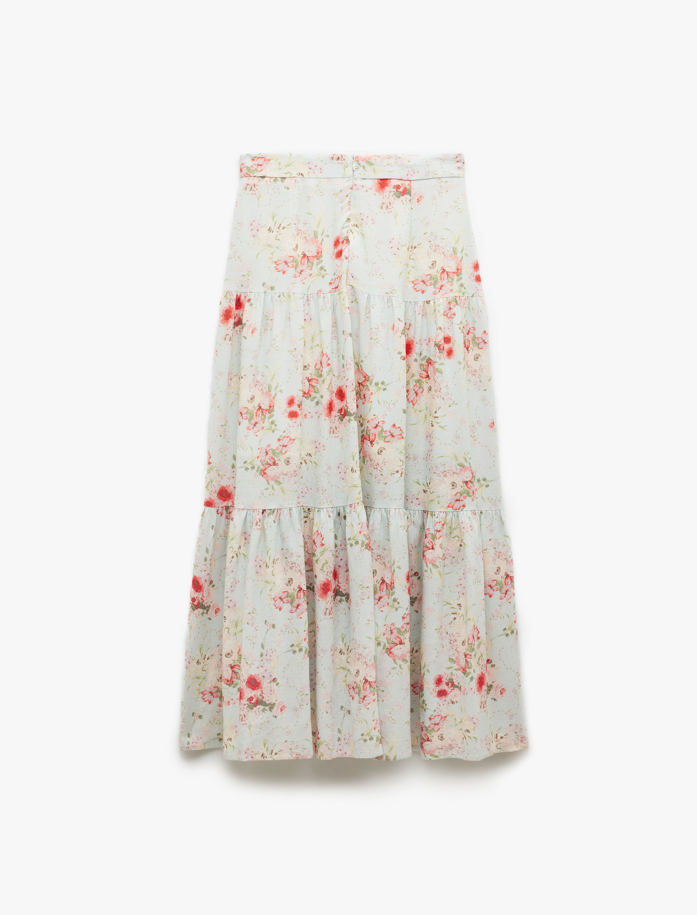   Bol Kalıp Astarlı Keten Karışımlı Uzun Çiçekli Kloş Etek