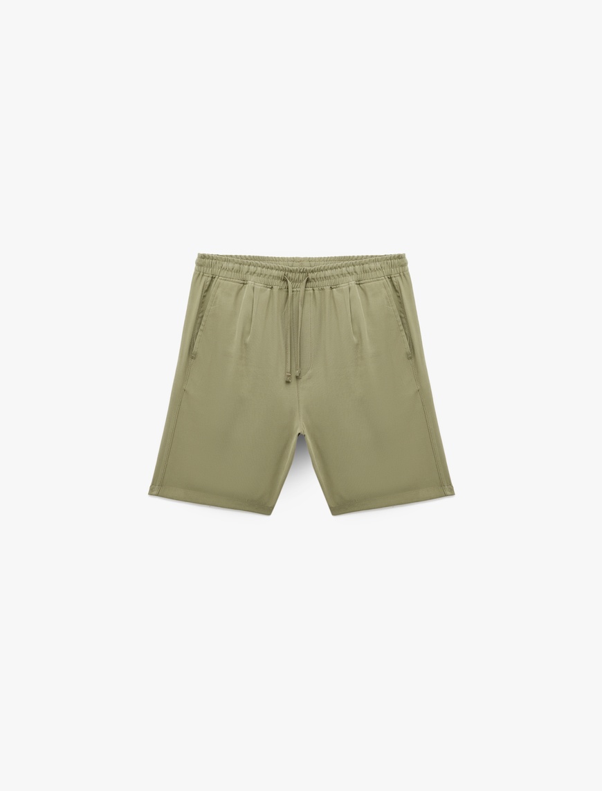   Viskon Cep Detaylı Rayon Beli Bağcıklı Bermuda Chino Şort