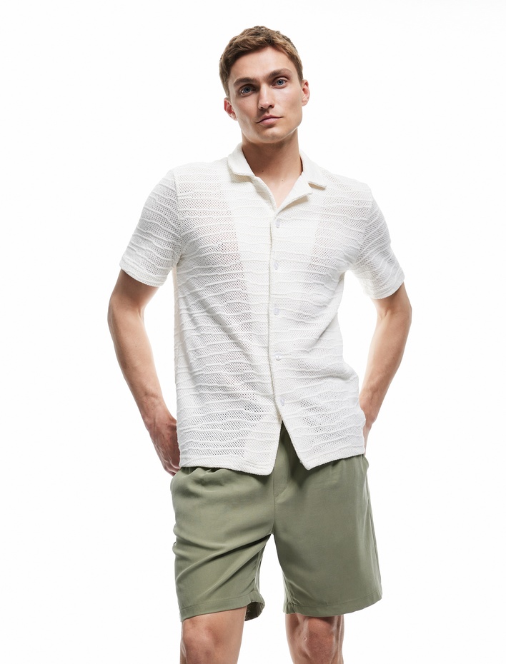  Viskon Cep Detaylı Rayon Beli Bağcıklı Bermuda Chino Şort